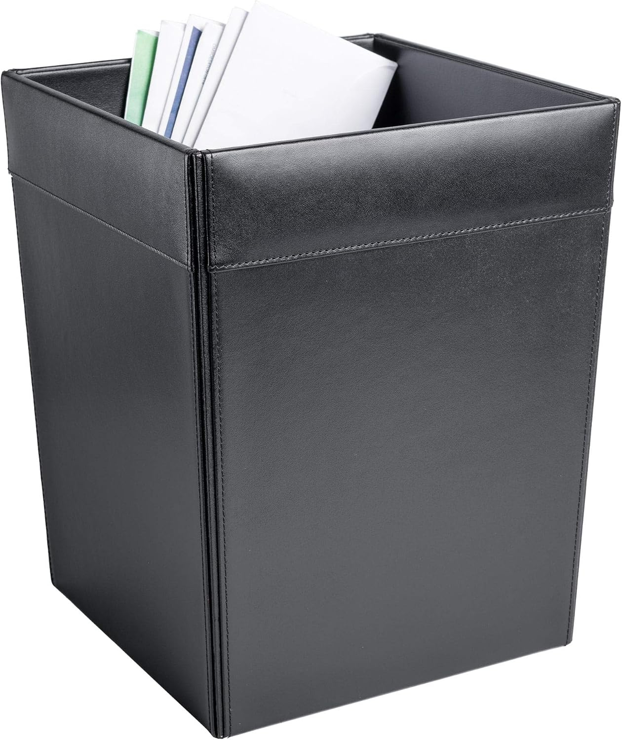 Classic Black Leather Square Waste Basket