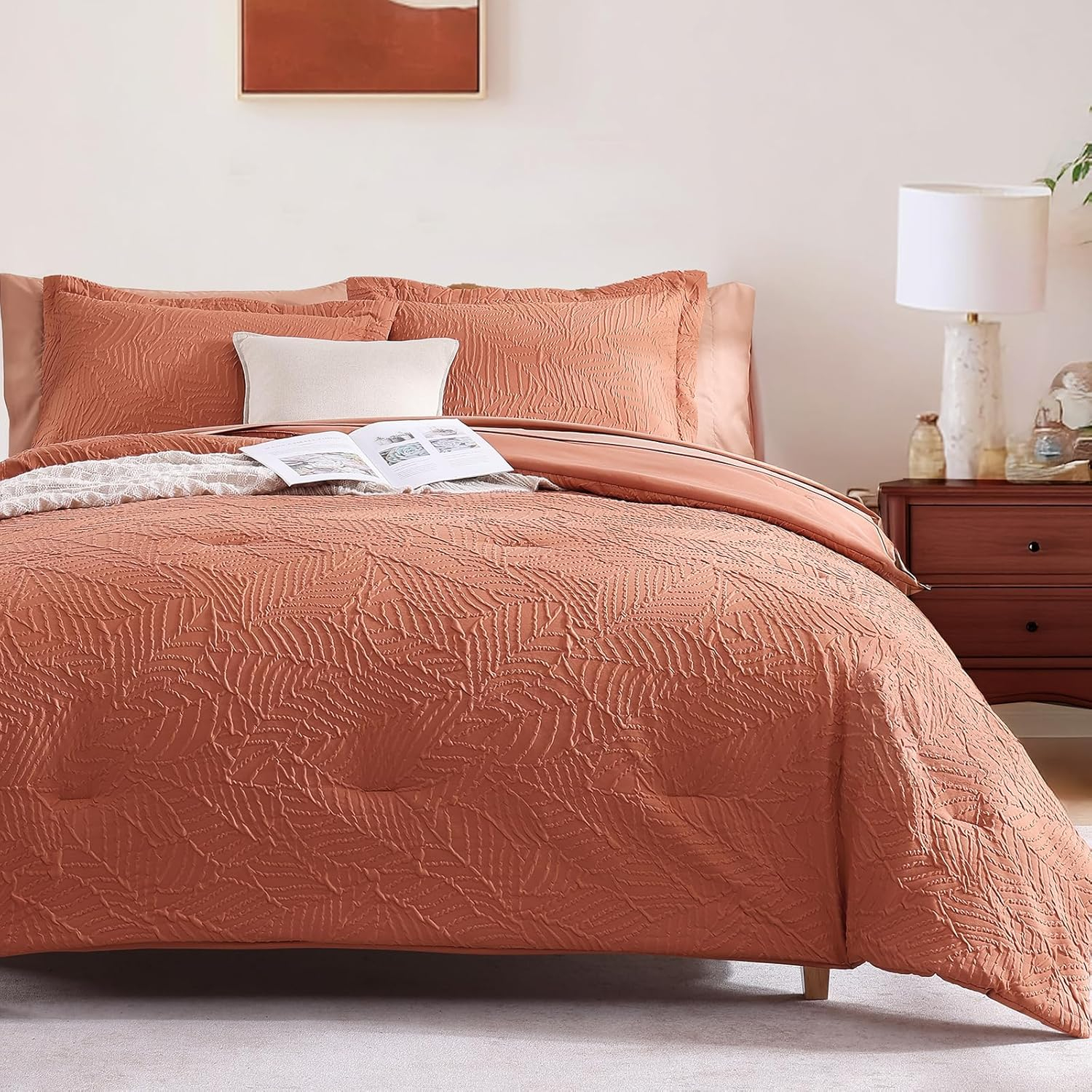 Geniospin Twin Comforter Set - 5 Pieces Burnt Orange Bedding Set, Botanical Textured Fall Comforter Set, All Season Lightweight Bed in a Bag with Comforter, Sheets, Pillowcases & Shams