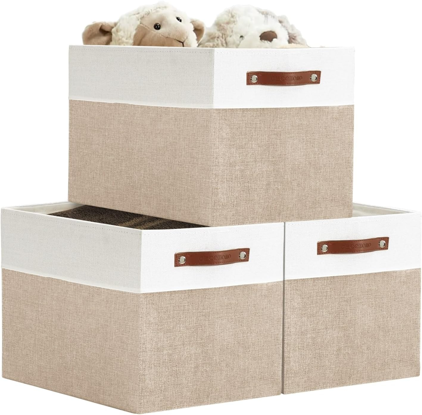 DECOMOMO Fabric Storage Baskets 13" x 15" x 13" Collapsible Storage Bins (Beige and White, Set of 3)