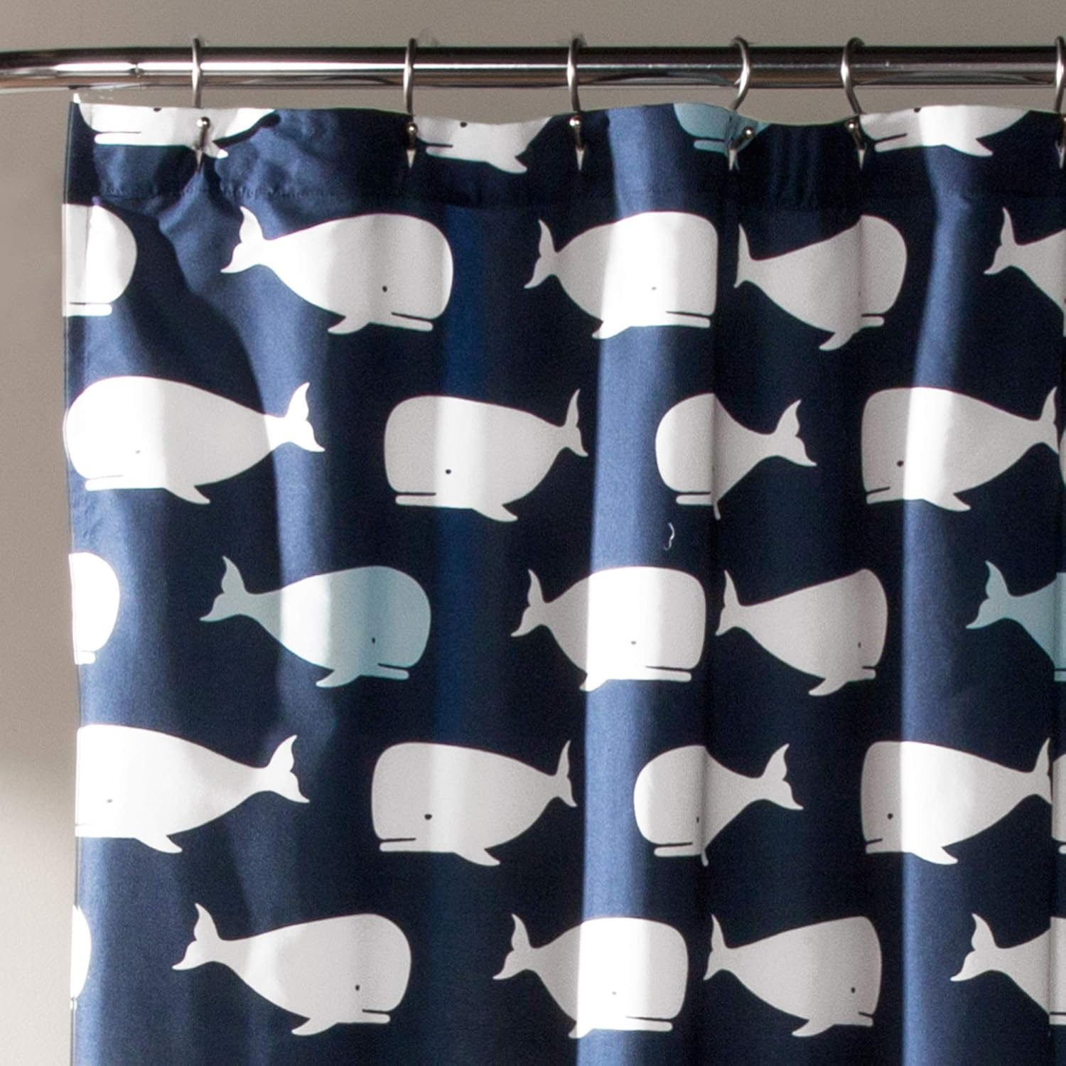 Navy and White Polyester Whale Print Shower Curtain