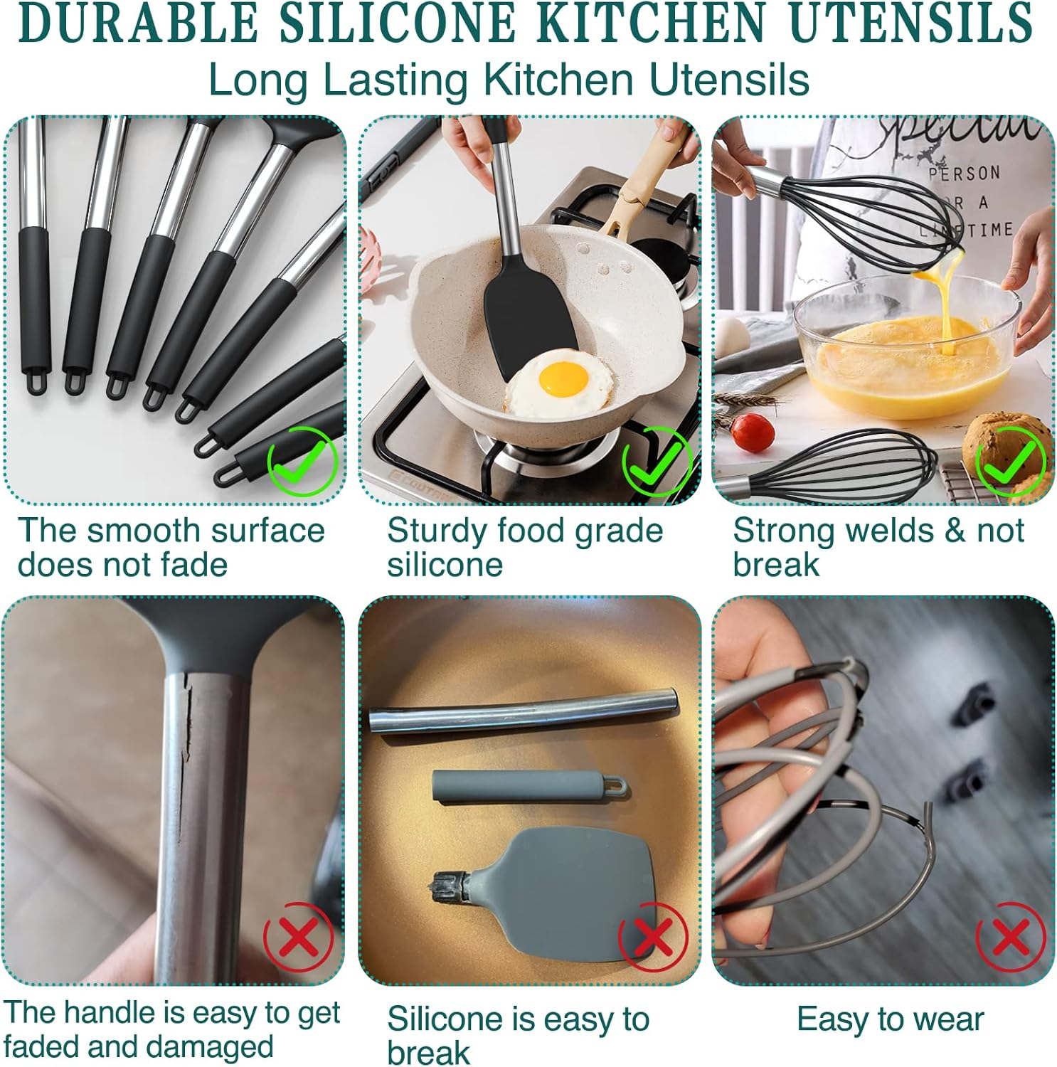 Silicone Cooking Utensil Set, Umite Chef 15pcs Silicone Cooking Kitchen Utensils Set, Non-stick - Best Kitchen Cookware with Stainless Steel Handle - Black