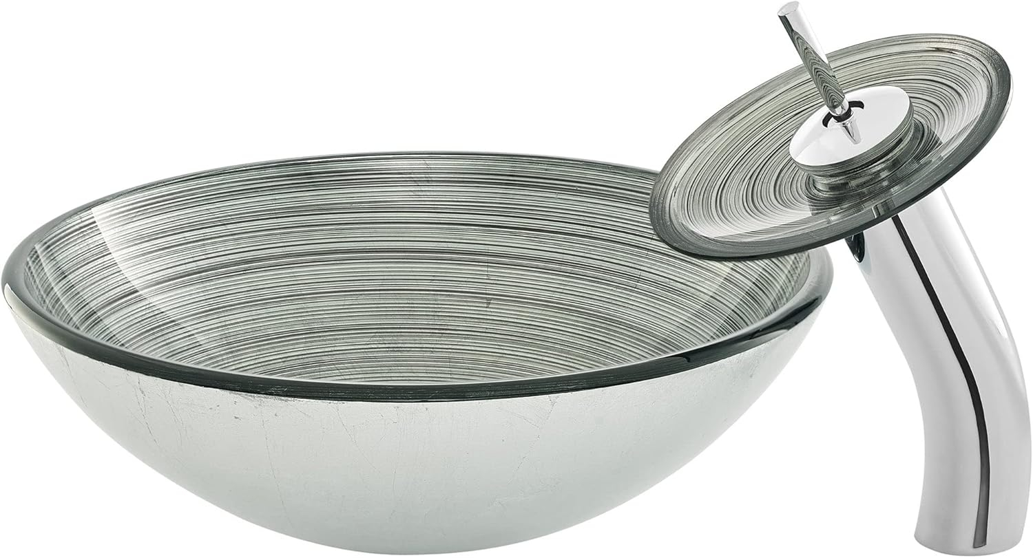 Swiss Madison Cascade 16.5 Glass Vessel Sink with Faucet, Smoky Grey