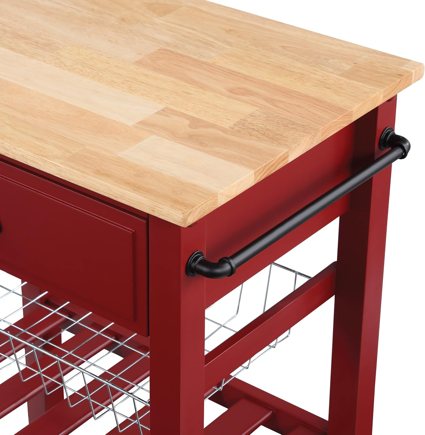 Hampton Engineered Wood Kitchen Cart With Wood Top and Red Base