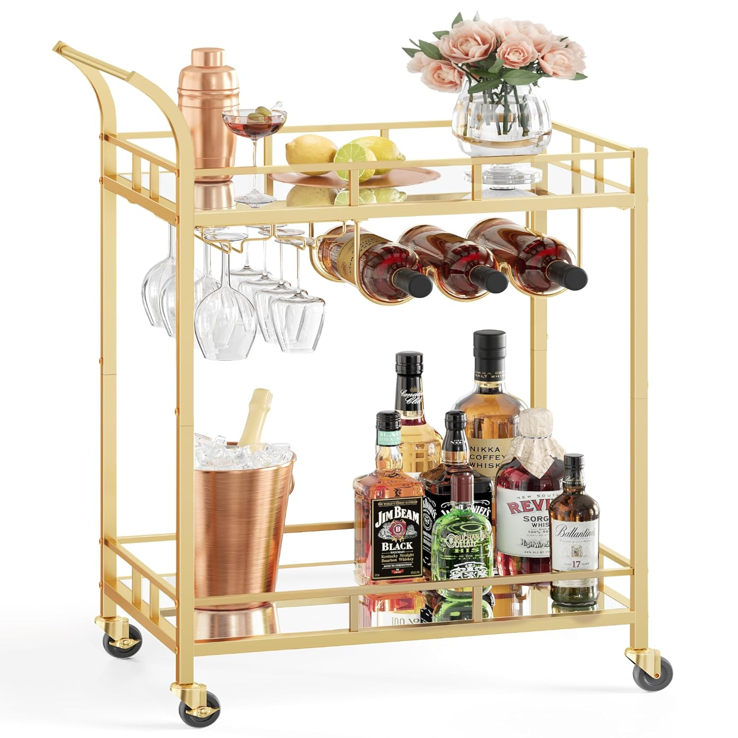 VASAGLE Bar Cart Gold, Home Bar Serving Cart, Wine Cart with 2 Mirrored Shelves, Wine Holders, Glass Holders, for Kitchen, Dining Room, Gold ULRC092A62