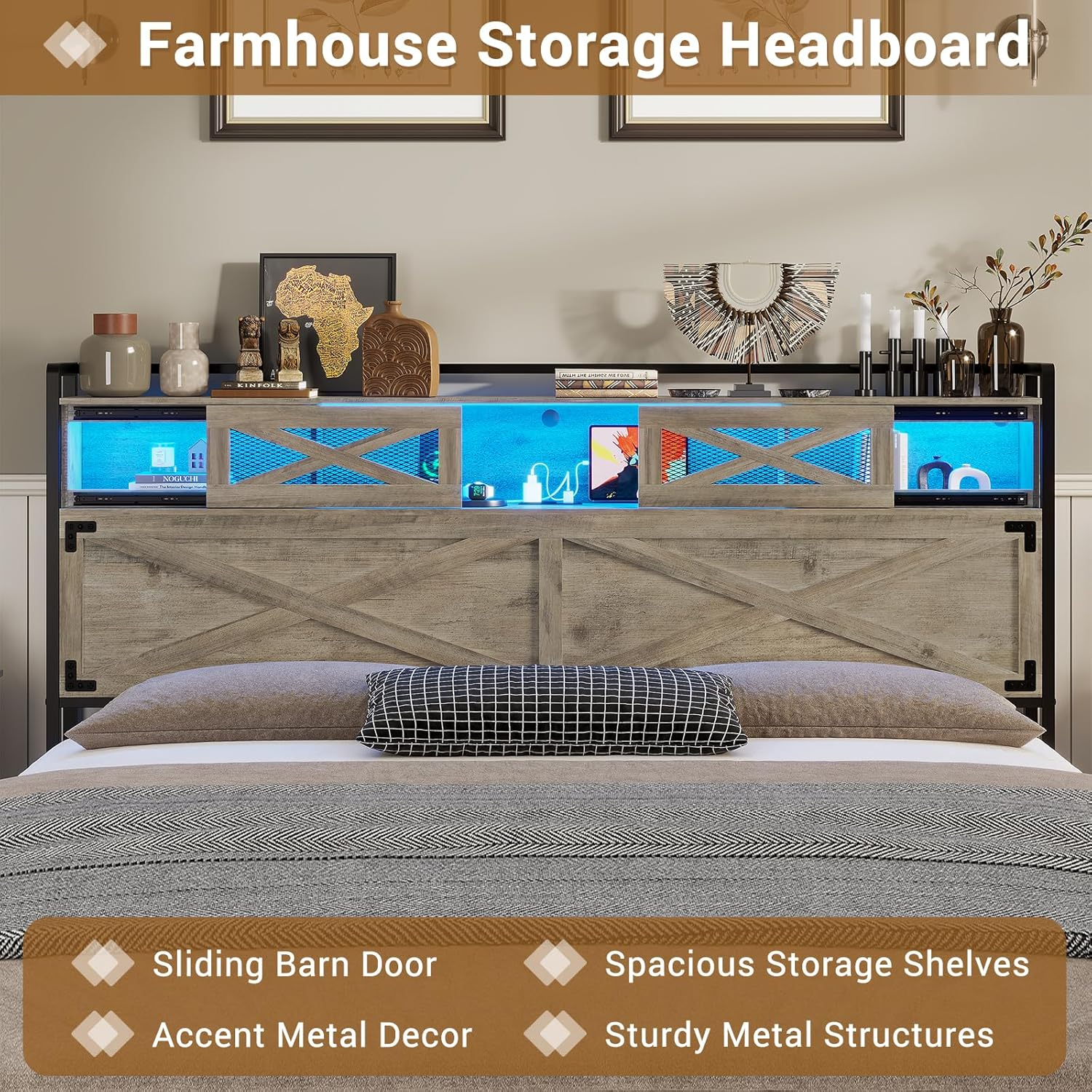 Hasuit Queen Bed Frame with Storage Headboard, Platform Bed Queen Size with Charging Station and LED Lights, Farmhouse Rustic Bed with Sliding Barn Door, Rustic Oak