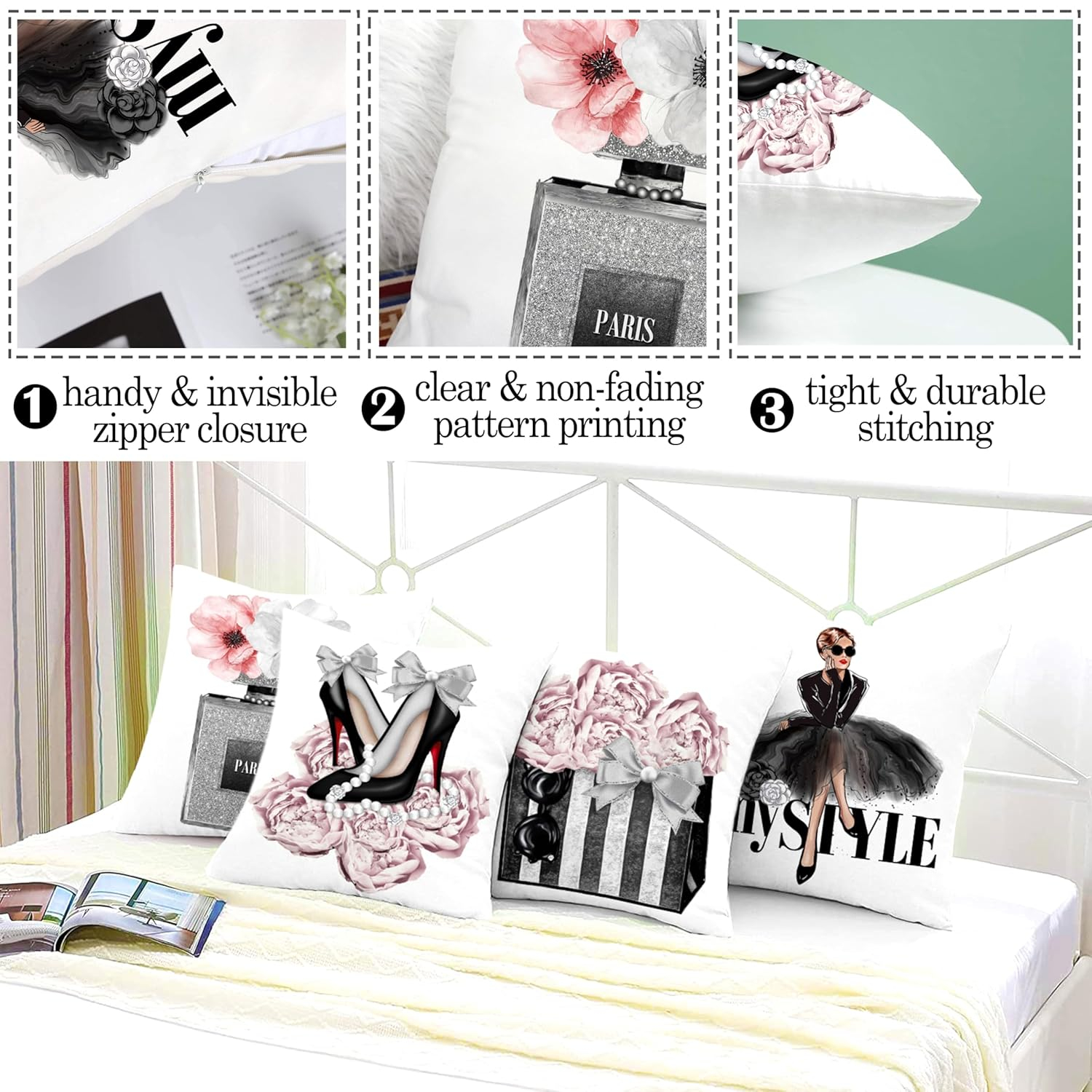 Set of 4 18x18 Pink Throw Pillow Covers Couch Bed Decorative Pillow Covers Fashion Girls Silver Perfume Flowers Cute Accent Pillow Covers Bedroom Black White Velvet Pillowcases (Pink and Gray)
