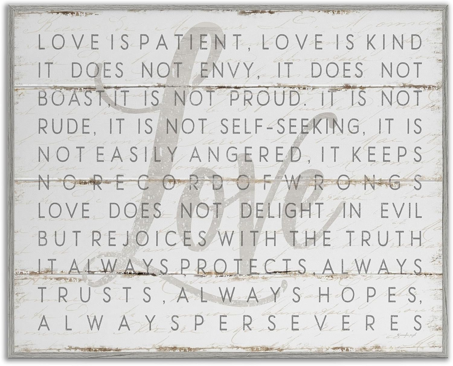 The Stupell Home Decor Love Is Patient Grey on White Planked Look Gray Framed Texturized Art
