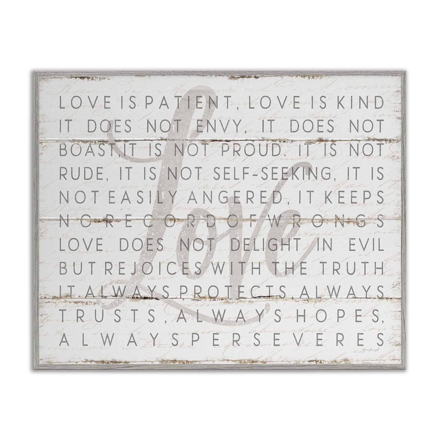 The Stupell Home Decor Love Is Patient Grey on White Planked Look Gray Framed Texturized Art