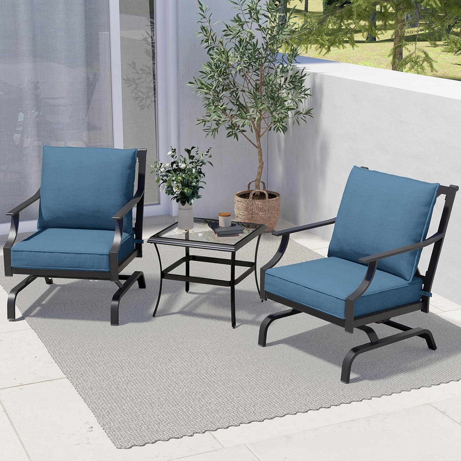 Grand Patio Outdoor 3 Piece Patio Set, 2 Single Steel Chairs with a Side Table, Peacock Blue