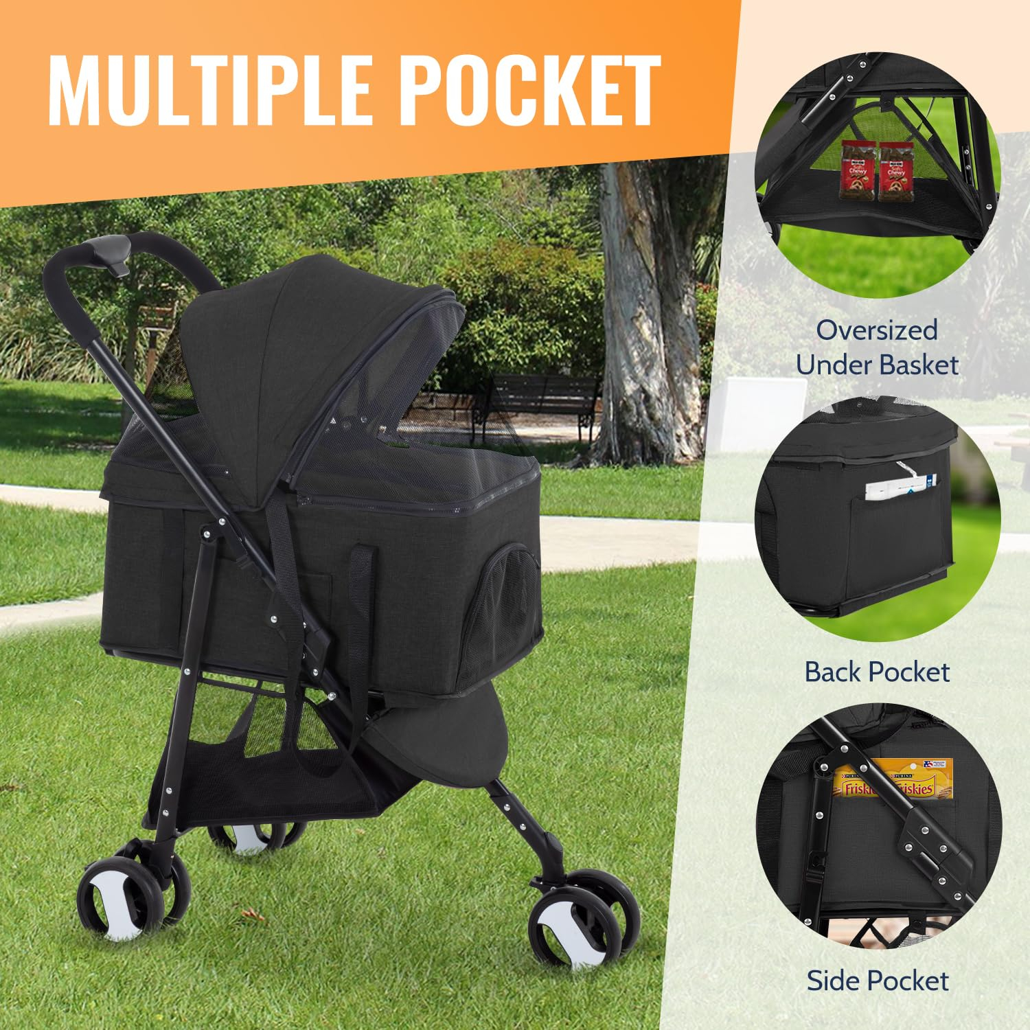 FDW Pet Stroller 3 in 1 Multi-Function Dog Stroller Jogging Stroller with Detachable Carrier, Lightweight Travel Stroller for Small and Medium-Sized Pets (Black, 3 Wheels)