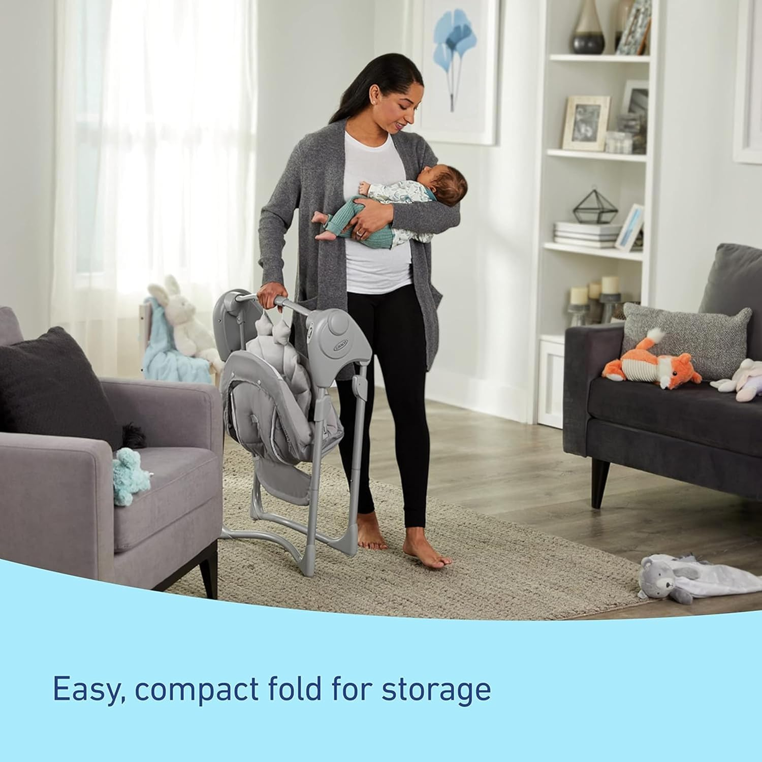 Reign Grey Adjustable Compact Baby Swing with Toy Bar