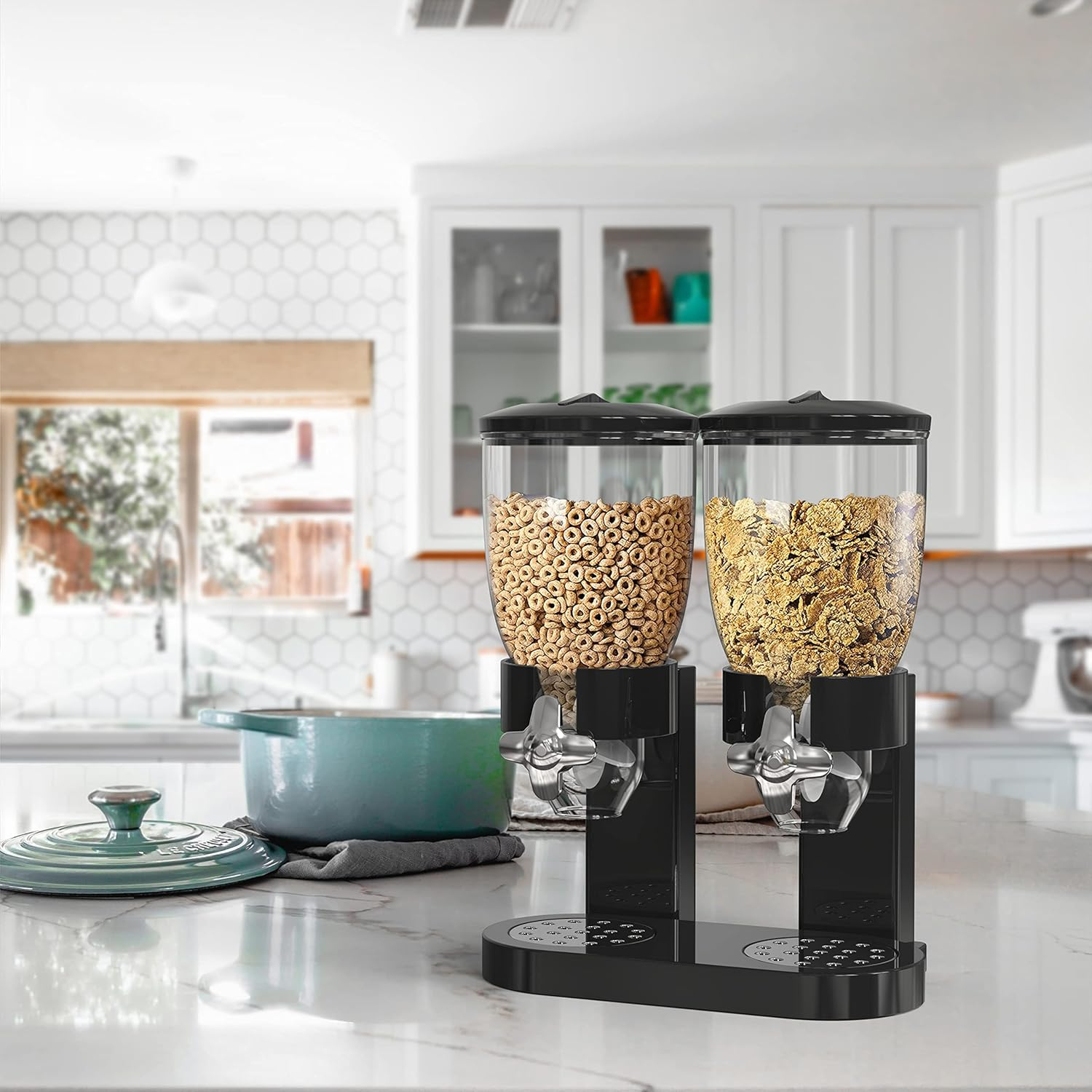 Dual Cereal Dispensers 2L Capacity Each, Storage Countertop Cereal Containers, Dry Food Dispenser with Dual Control, for Nuts Rice Granola