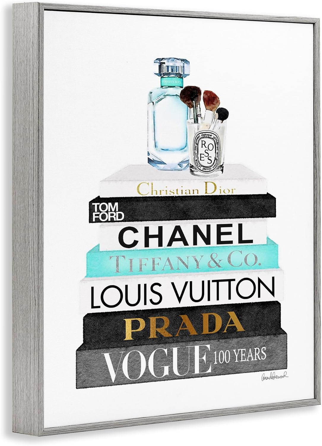 Stupell Industries Book Stack Perfume Brushes Glam Fashion Watercolor Framed Wall Art by Amanda Greenwood
