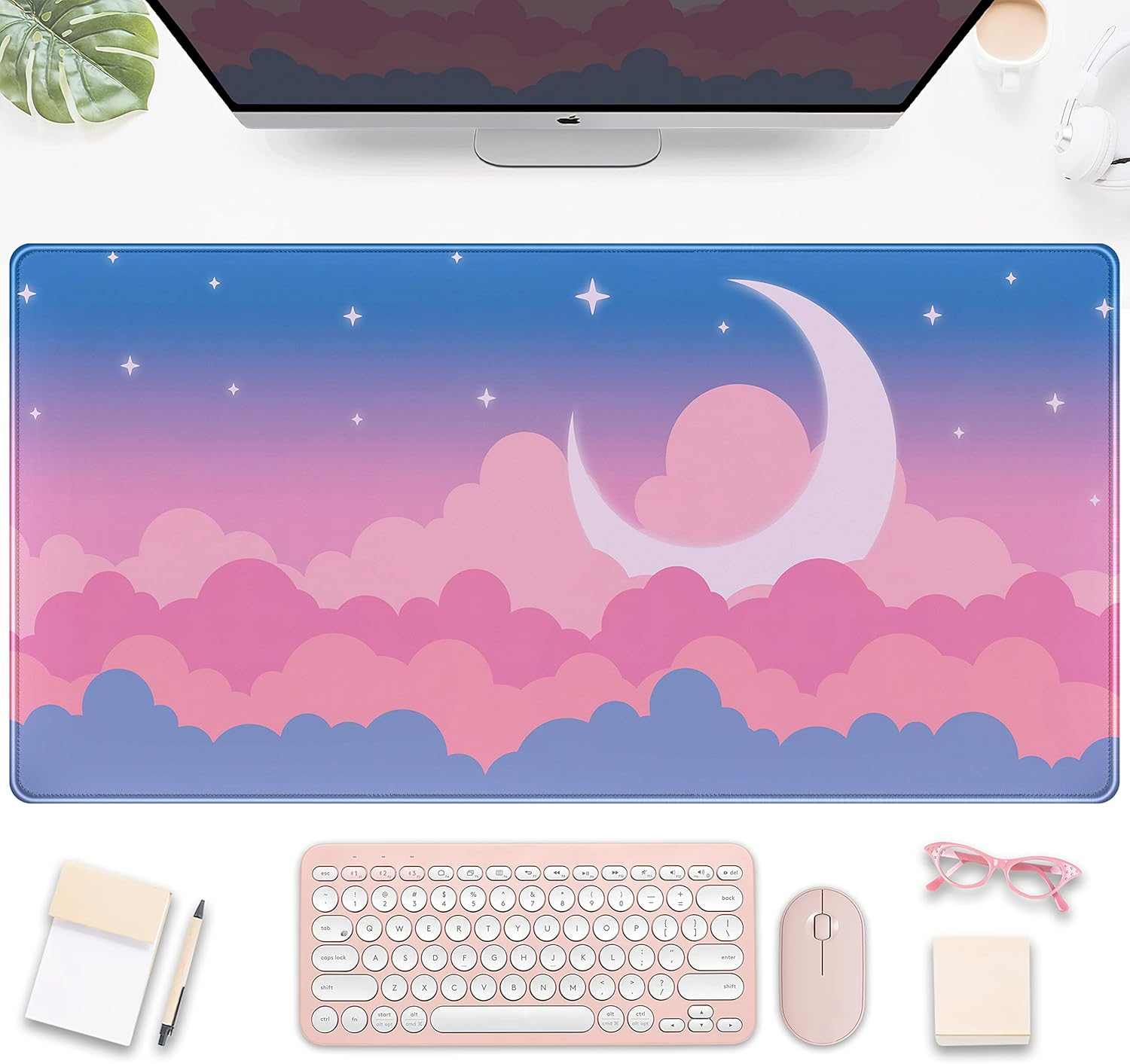 Cute Clouds Desk Mat Kawaii Desk Pad Gaming Mouse Pad Large Blue Sky Deskmat XXL Mousepad, Pink Purple Keyboard Mouse Mat Computer Mat for Desk, Kawaii Desk Decor for Women Girls 31.5X15.75 in