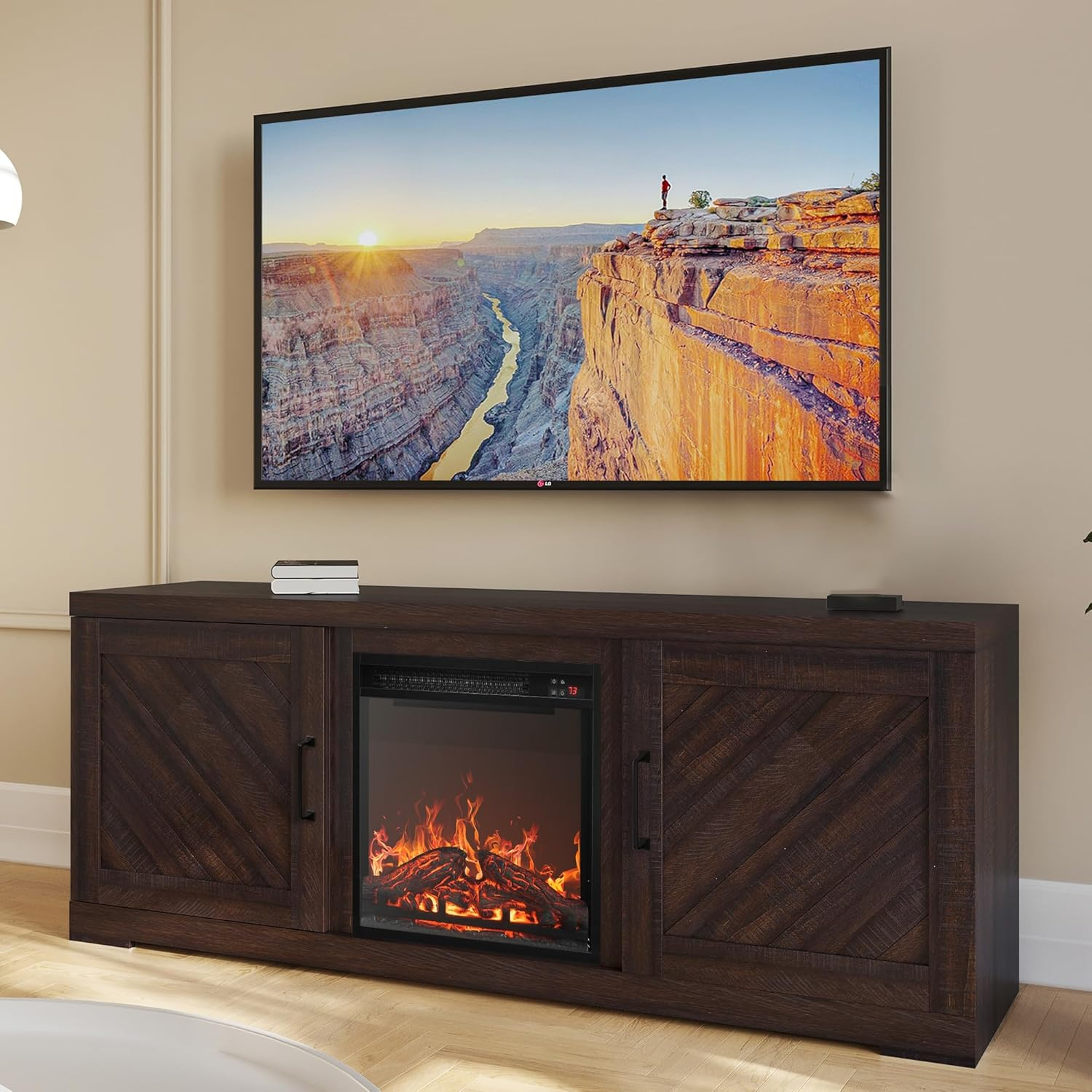 BELLEZE 58" Farmhouse TV Stand Media Entertainment Center For TVs up to 65" with 18" Fireplace - Hilo (Espresso)