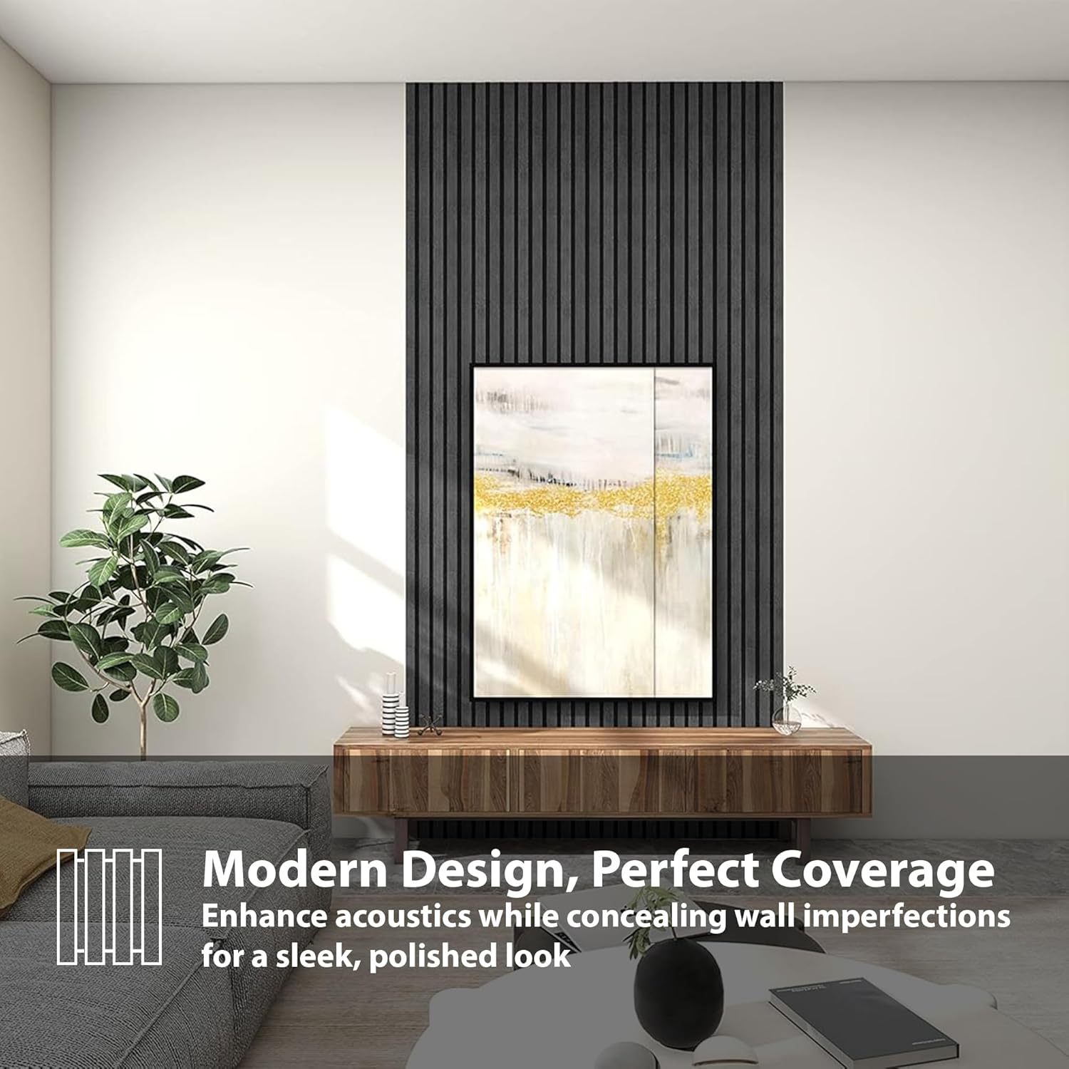 CONCORD WALLCOVERINGS ™ Acoustic Wall Panels – Wooden Sound-Absorbing 3D Veneers for Noise Reduction & Soundproofing, Home Theater - 94.5" x 5" (Pack of 6, Covers 18.7 Sq Ft) - Charcoal COA1420