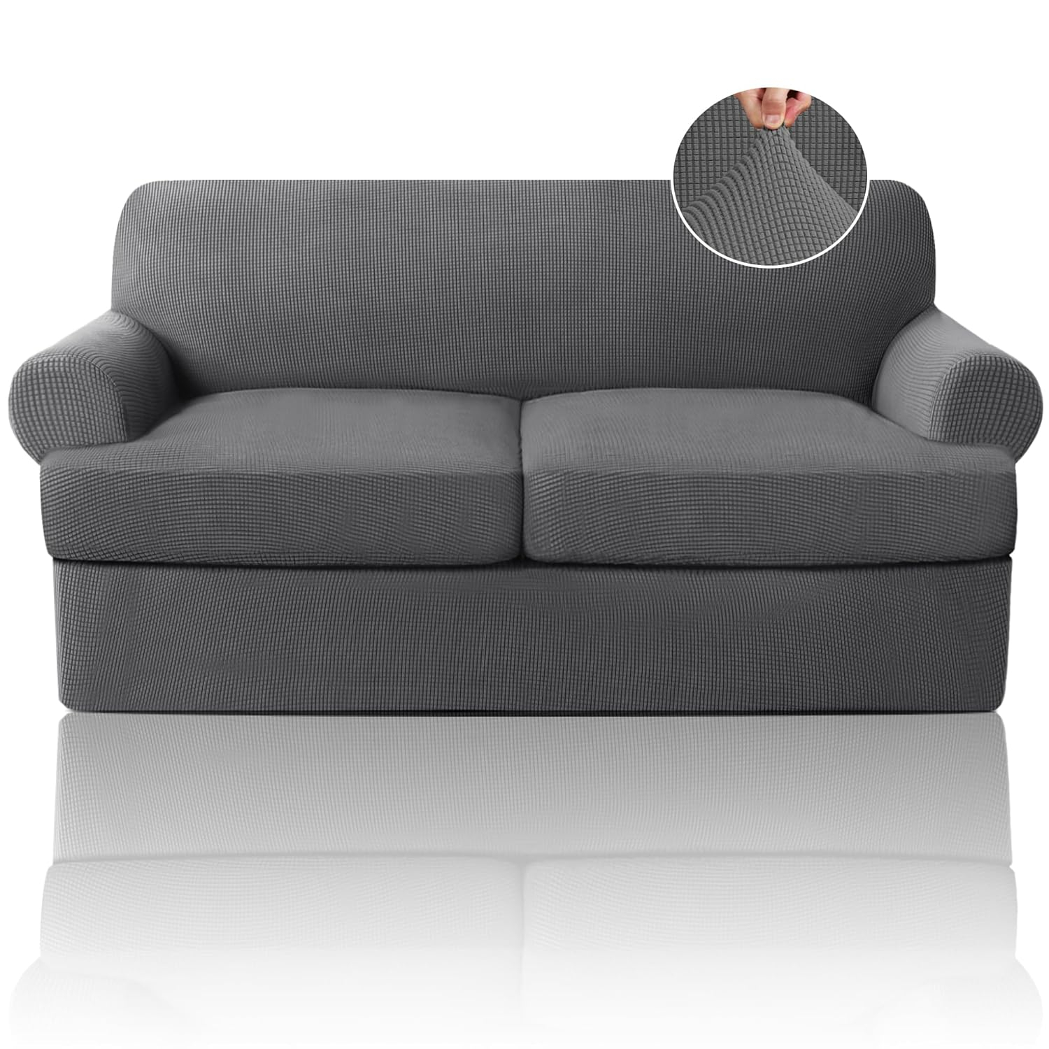 PrinceDeco T Cushion Loveseat Slipcover 3 Pieces Sofa Covers for T Cushion Sofa Stretch Sofa Covers for 2 Cushion Couch with 2 Individual T Shape Seat Covers Width Up to 72"- Washable, Grey