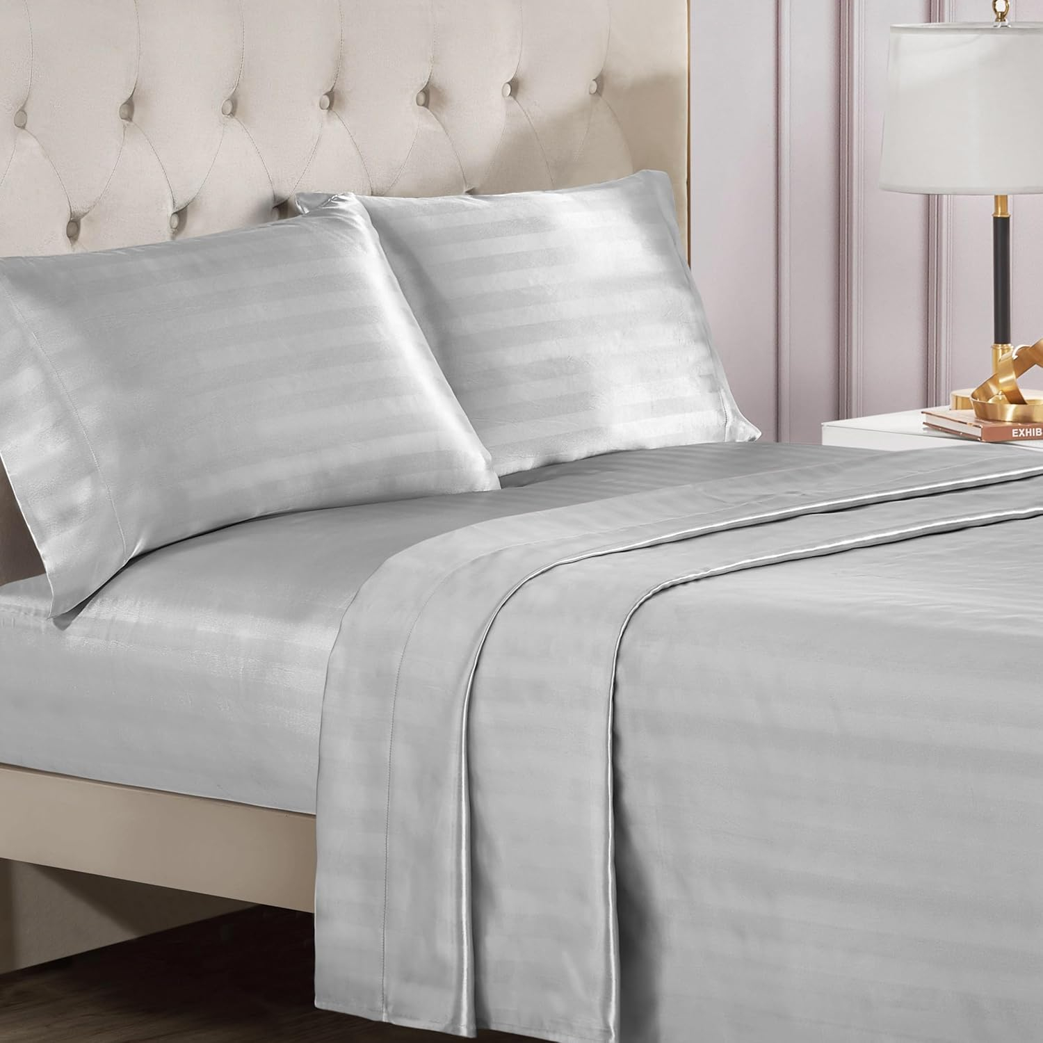 Juicy Couture Silky Satin Damask Sheet Set - Luxury Grey Bedding - Smooth Satin Striped Sheets - Full Size