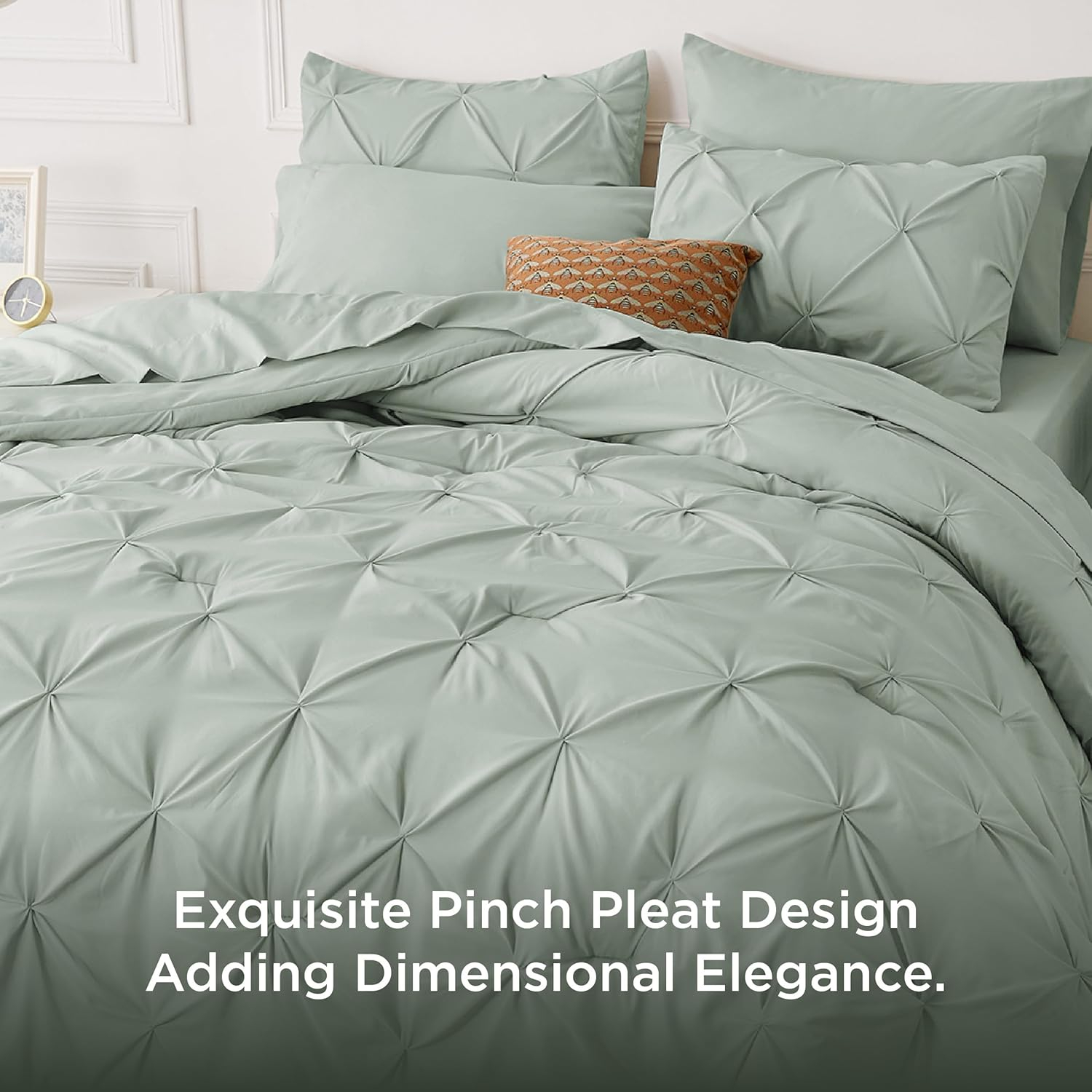 Bedsure Queen Comforter Set Sage Green - Bed in a Bag Queen Size 7 Pieces, GentleSoft™ Pintuck Bed Set Gift for Family, Pinch Pleat Sage Green Comforter with Sheets, Pillowcases & Shams