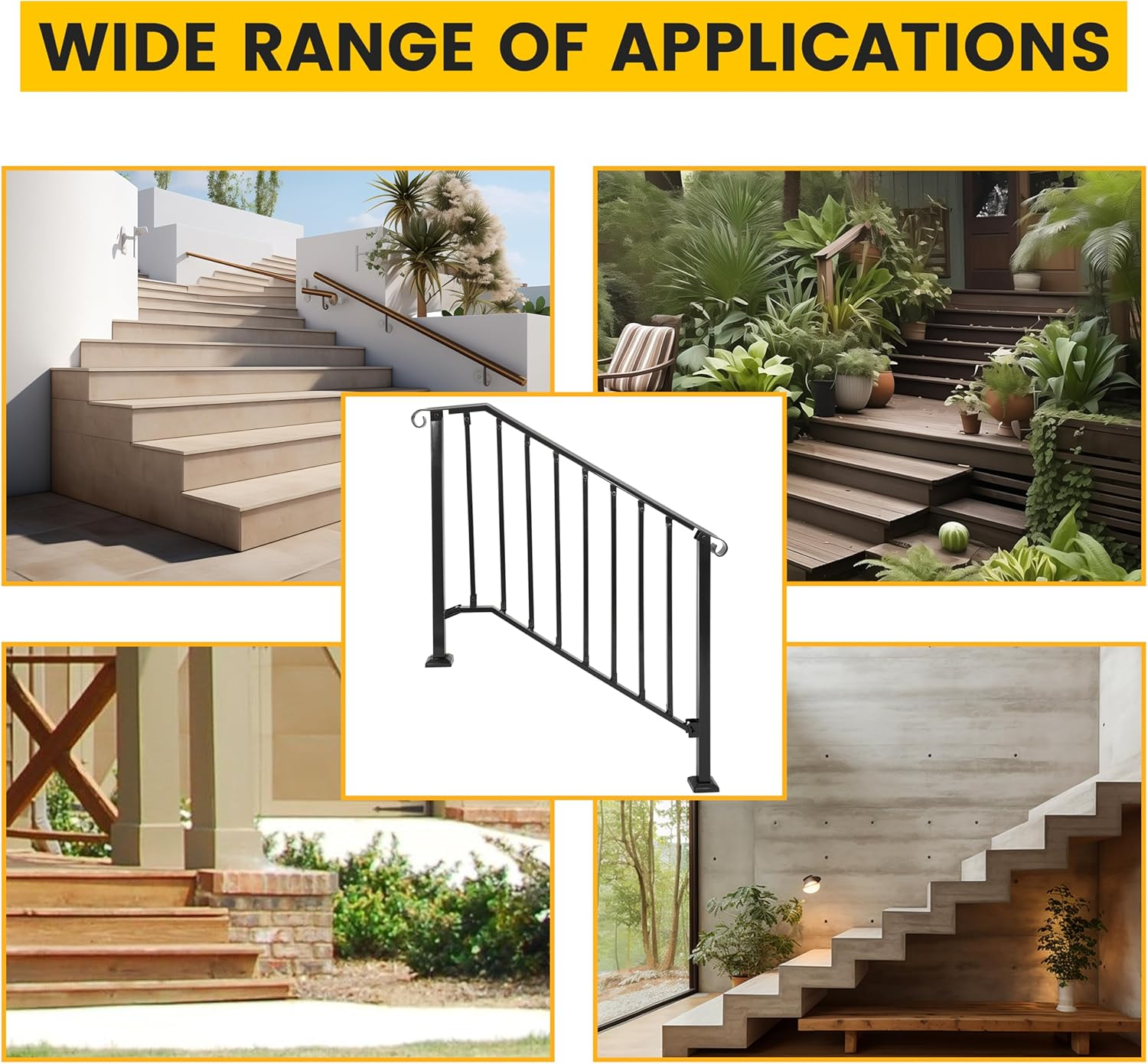 KUAFU 4-5 Step Hand Rail, Handrails for Outdoor Steps, 4-5 Steps Adjustable Outdoor Garden Railing for Stairs Black Steel Powder Coated Heavy Duty