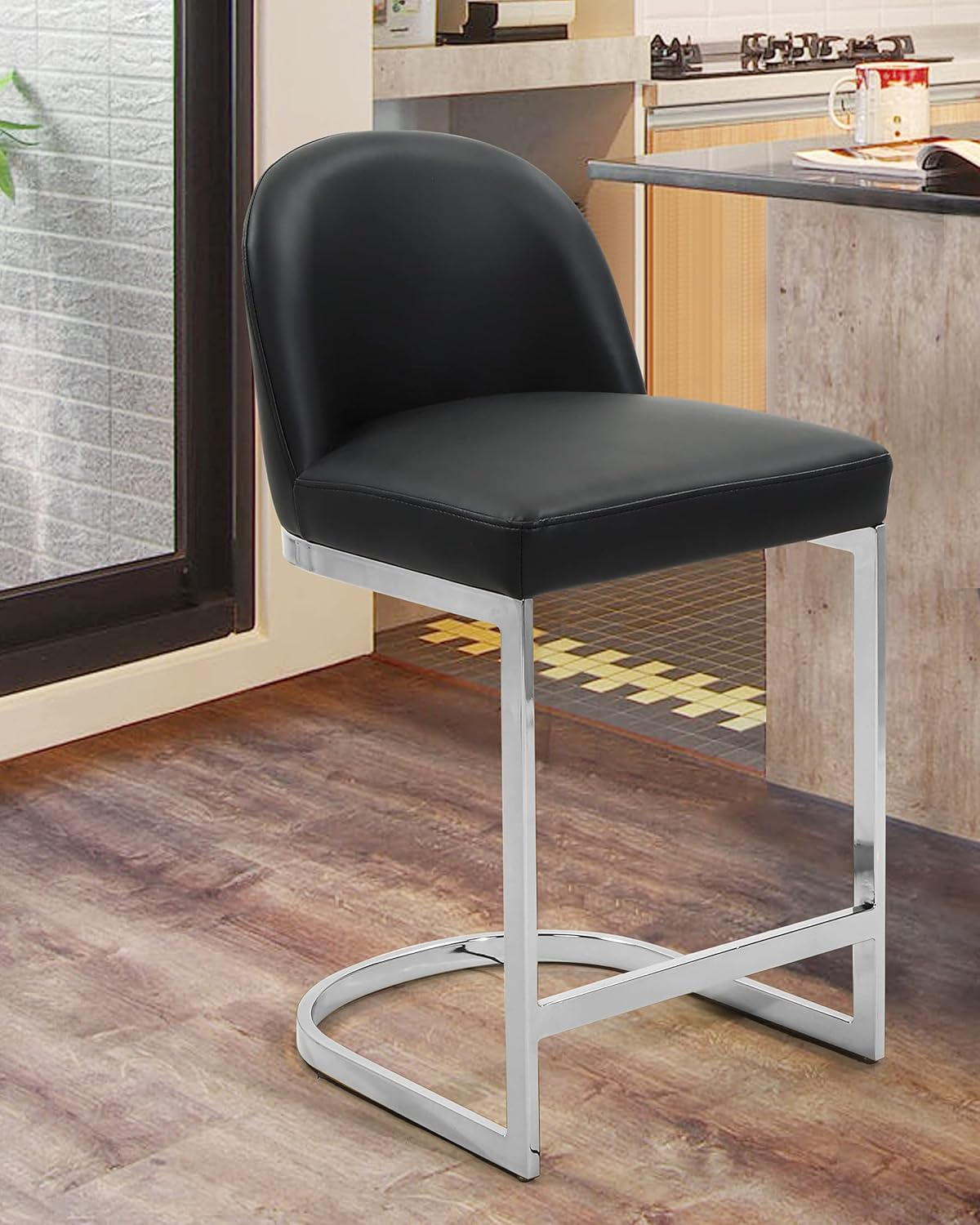Xander Counter Stool Chair PU Leather Upholstered Armless Design Half-Moon Chrome Plated Solid Metal U-Shaped Base Modern Contemporary, Black