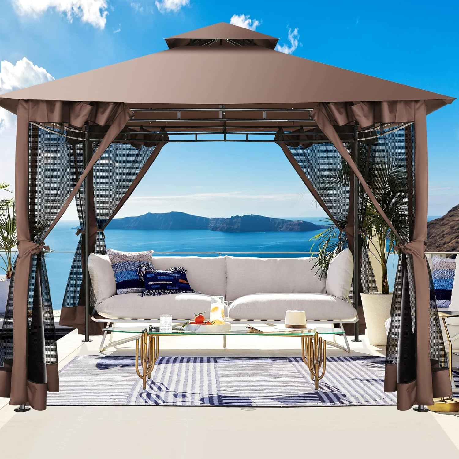 HOTEEL 10x20 Gazebo on Clearance, Outdoor Gazebo Tent with Mosquito Netting and Ventilated Double Flat Roof, Easy Set up Canopy Tent with Stable Metal Frame for Patio, Khaki (Upgraded 2.0)