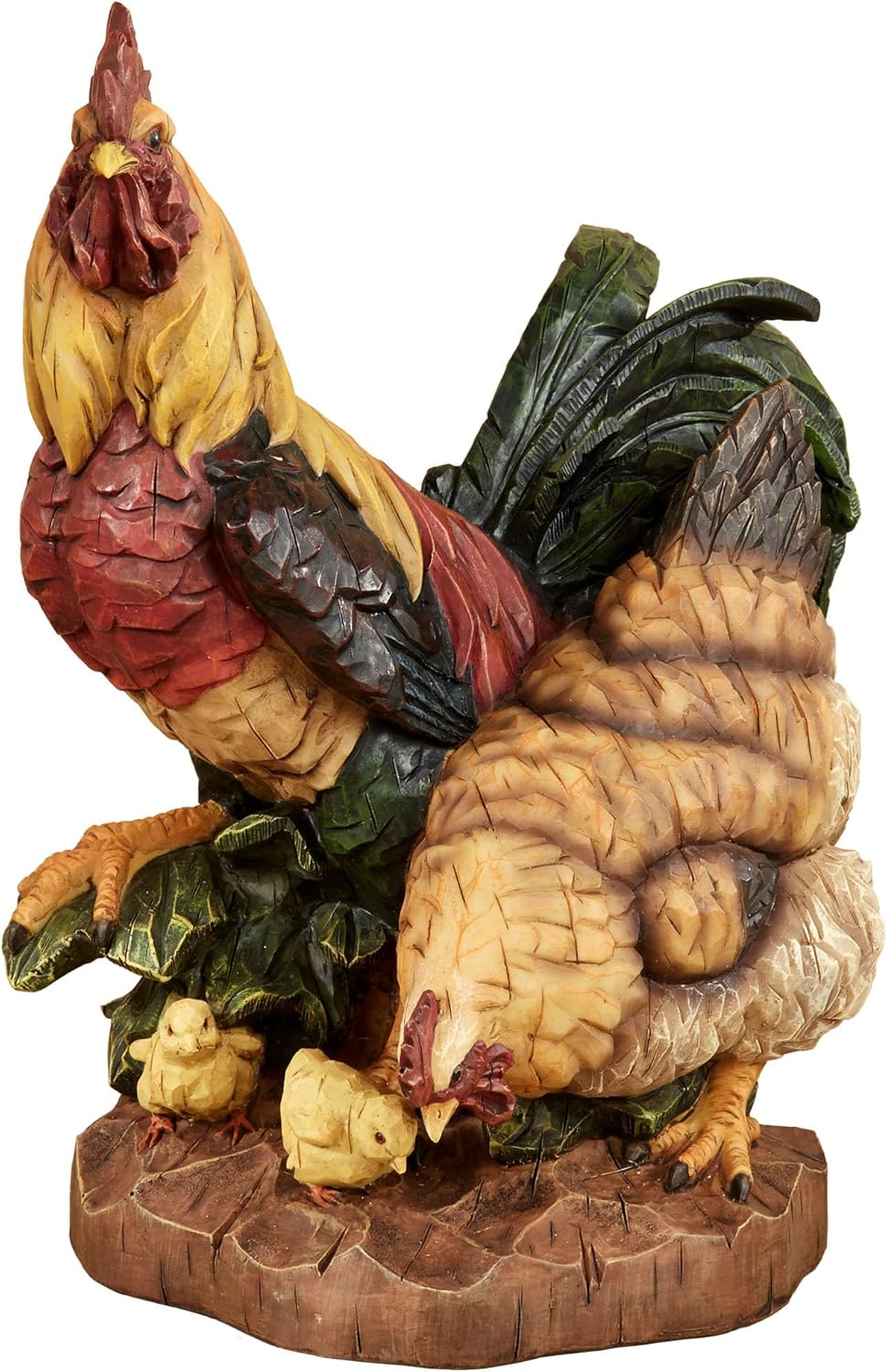 Handcarved Resin Rooster and Hen Family Sculpture in Multicolor