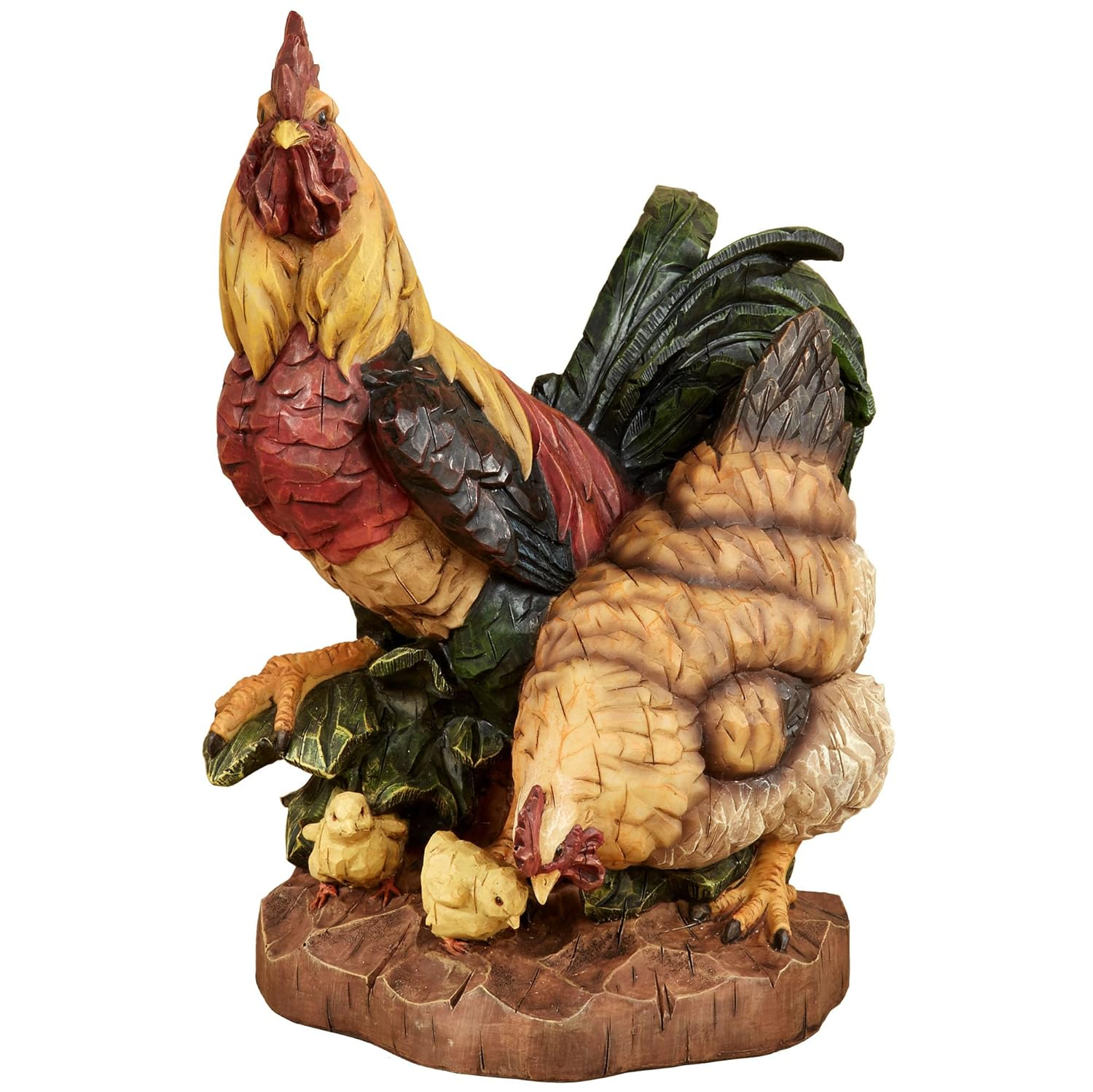 Handcarved Resin Rooster and Hen Family Sculpture in Multicolor