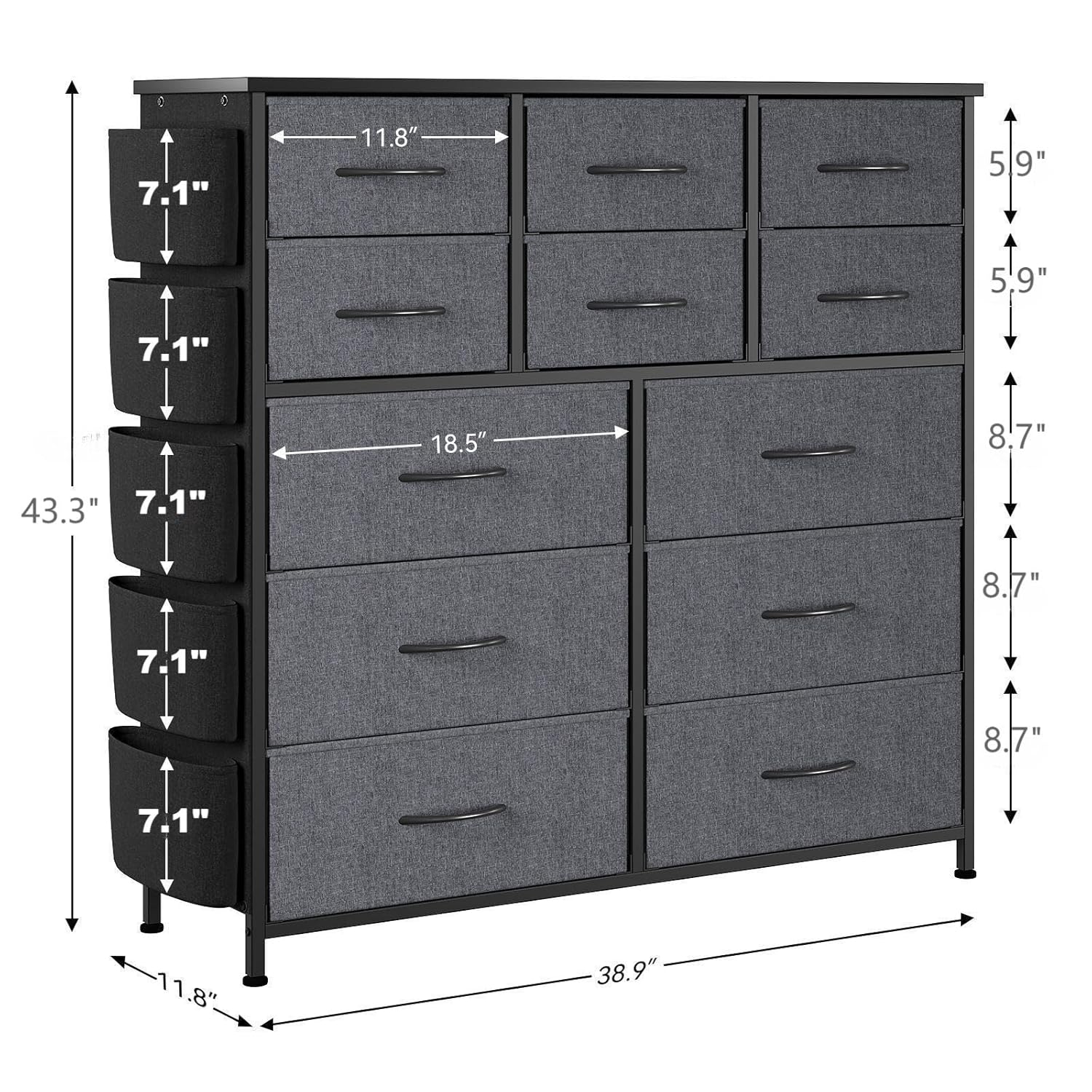 NEILA 12-Drawer Dresser for Bedroom Chest of Drawers Metal Frame, Wood Top & Fabric Drawer Storage Organizer with Hooks, Sturdy and Durable, for Closet, Hallway, Entryway, Living Room, Grey