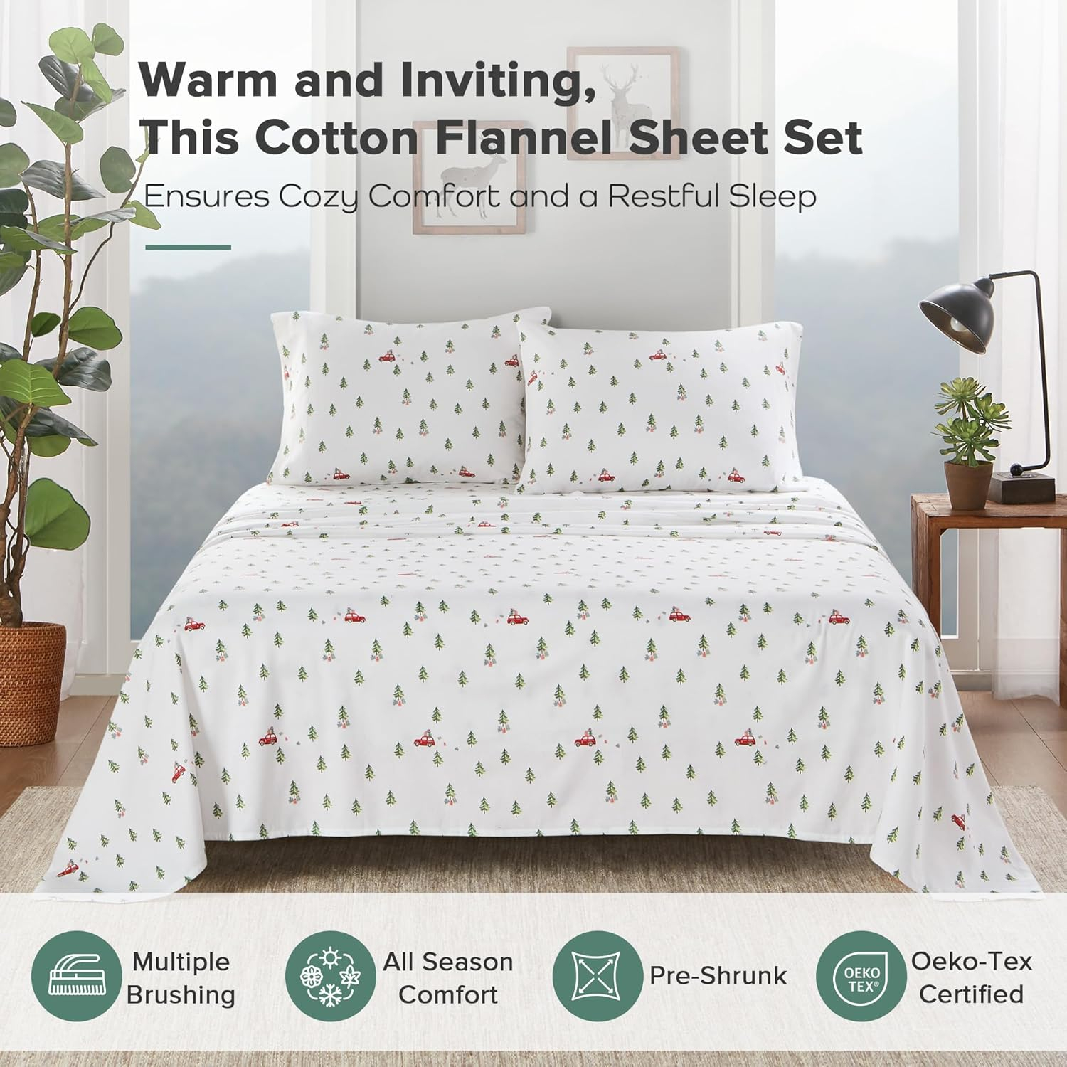 Twin Cotton Flannel Green Tree Trip Plaid Sheet Set