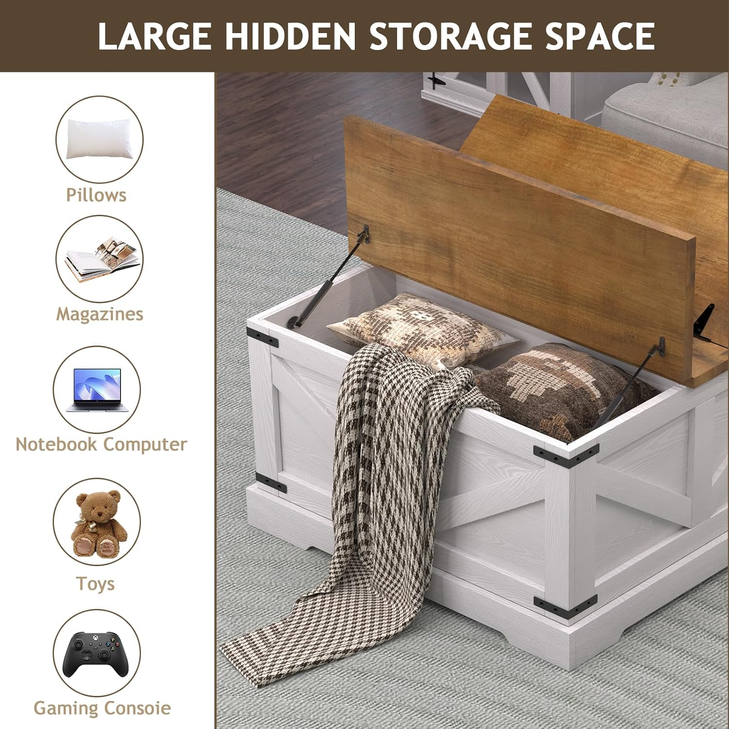Farmhouse Coffee Table with Hidden Storage Compartment, White Square Coffee Table for Living Room, Wood Center Table with Hinged Lifting Tabletop for Home
