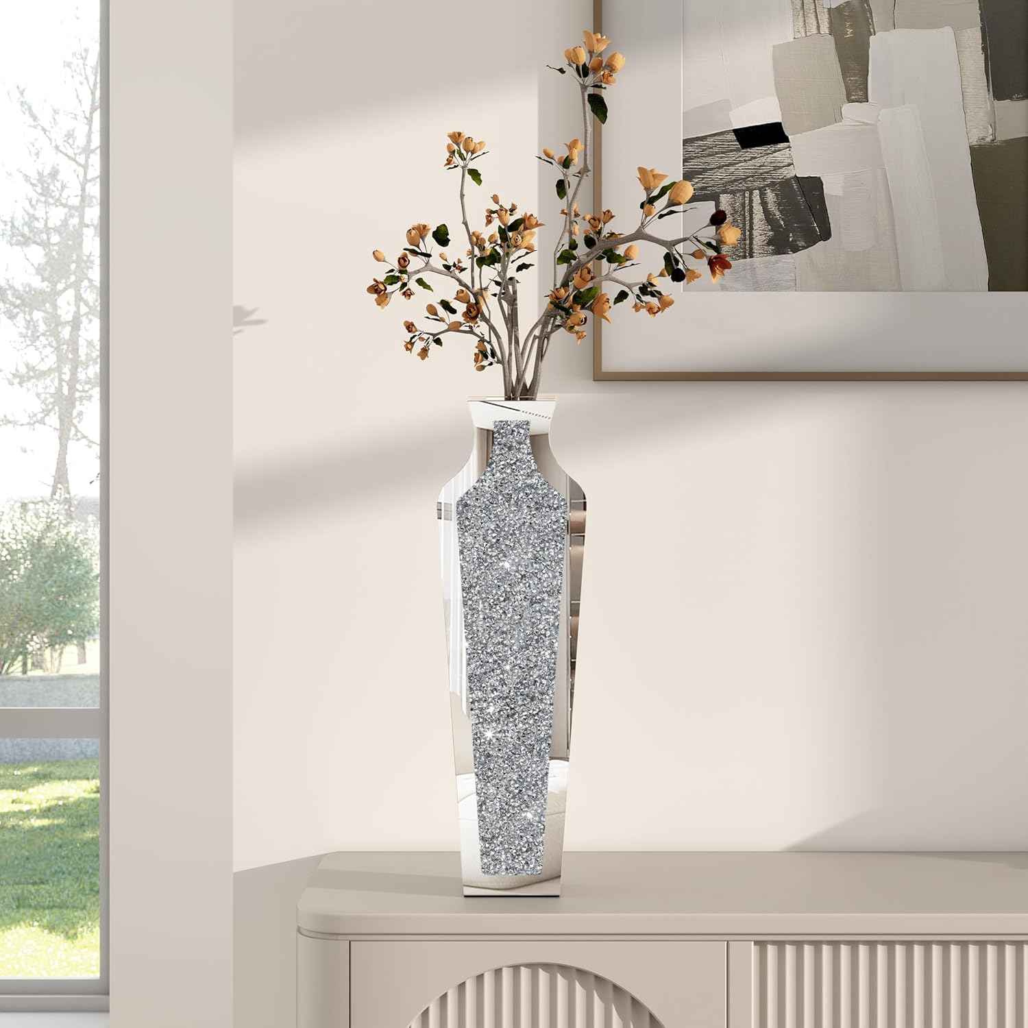 SHYFOY 18" Silver Floor Vase Crushed Diamond Mirrored Vase for Decor Living Room Floor, Crystal Mirrored Luxury Container for Dried Flower Arrangements Decor, Can’t Hold Water