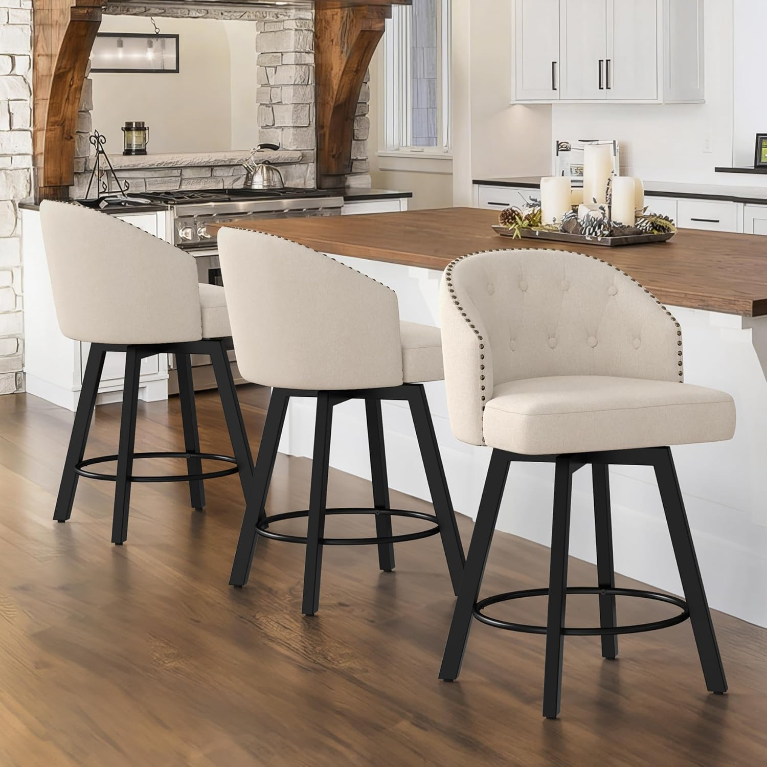 Counter Height Bar Stools Set of 3, 26" Swivel Fabric Upholstered Bar Stools with Backs and Metal Legs, Retro Counter Stools for Kitchen Island, Dining Room, Pub, Linen