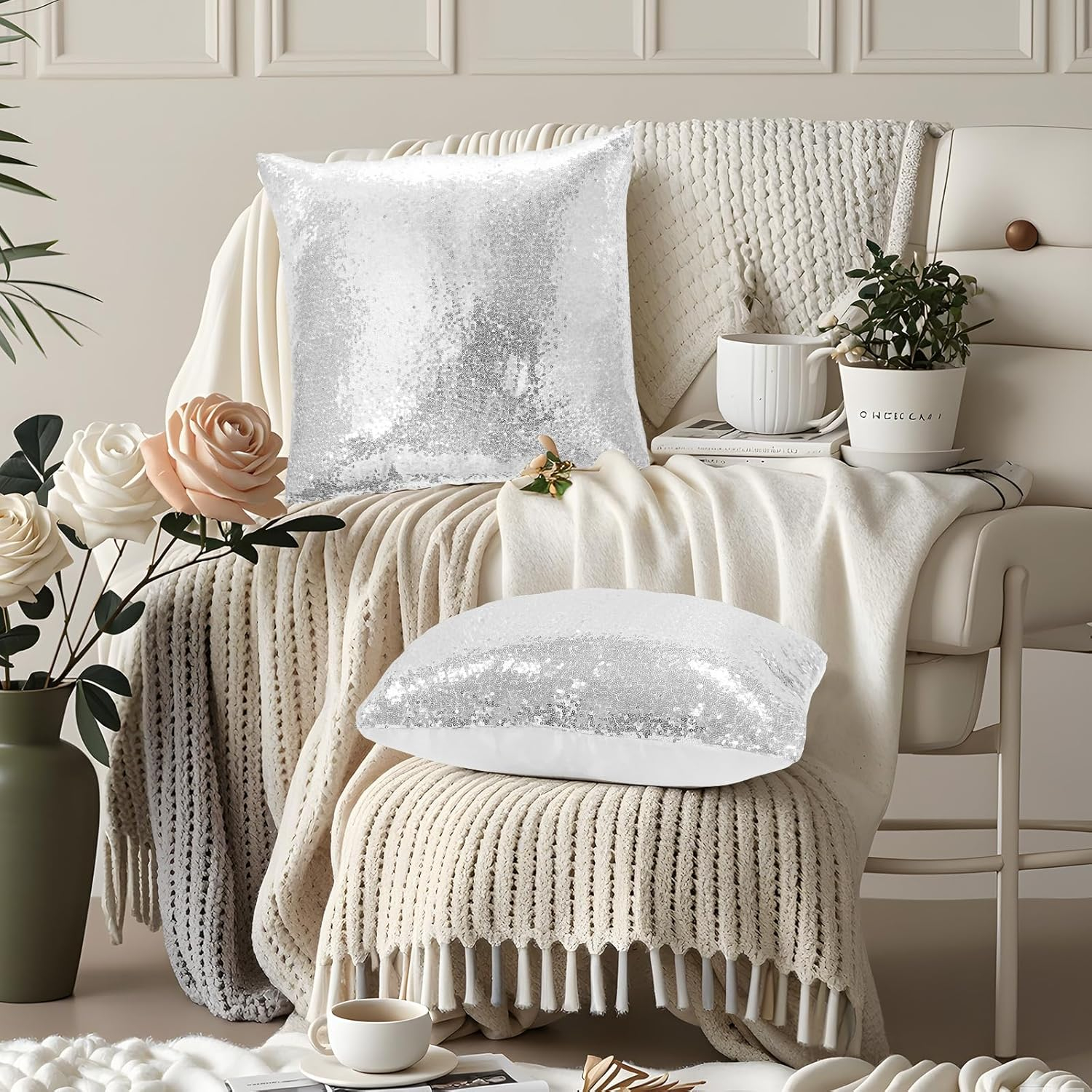Eternal Beauty Set of 2 Silver Pillow Cover Sequin Decorative Pillow Covers for Couch Sofa Throw Pillows 18 X 18 Inches
