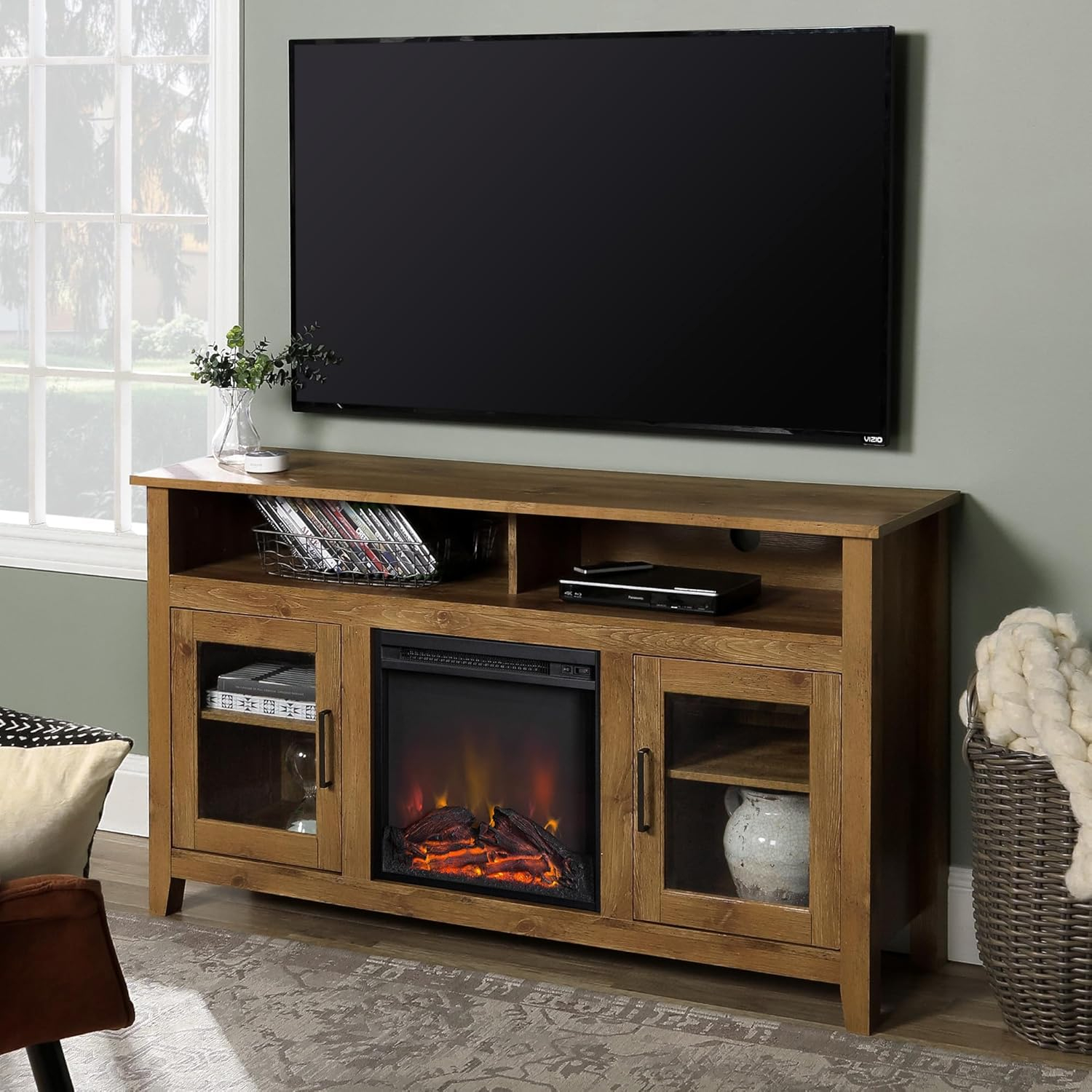 Walker Edison Glenwood Rustic Farmhouse Glass Door Highboy Fireplace TV Stand for TVs up to 65 Inches, 58 Inch, Barnwood