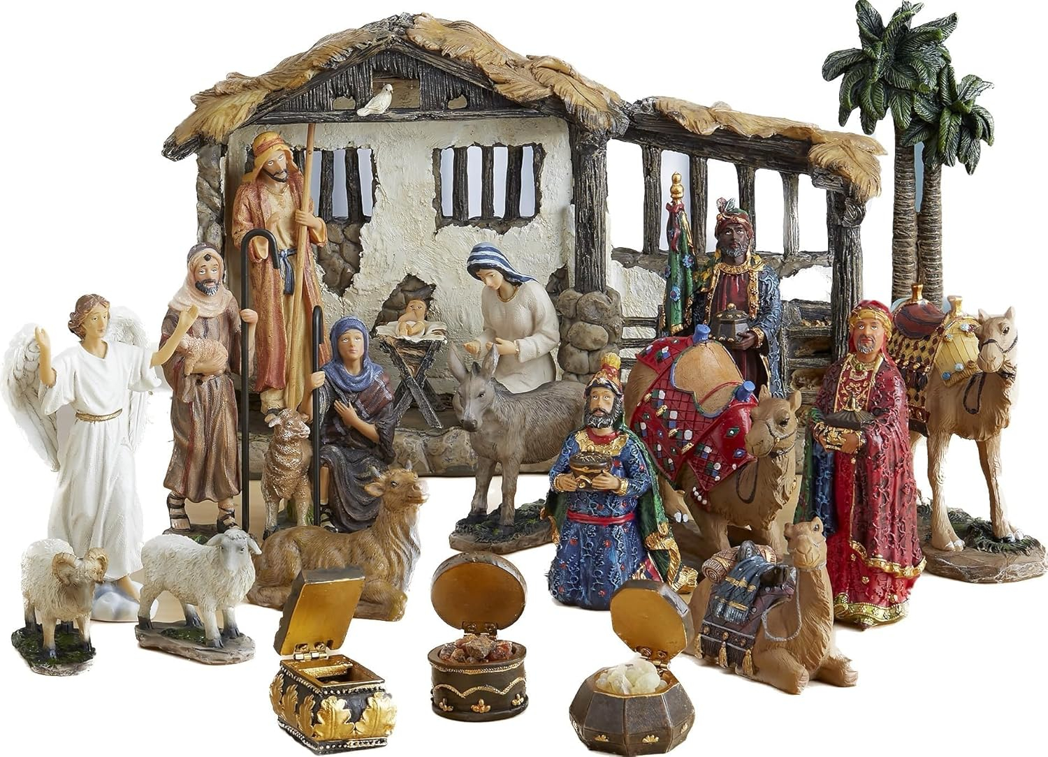 Three Kings Gifts Nativity Set for Christmas Indoor 23 Piece 5 Inch Figures with Lighted Stable, Palm Tree and Chests of Gold, Frankincense and Myrrh