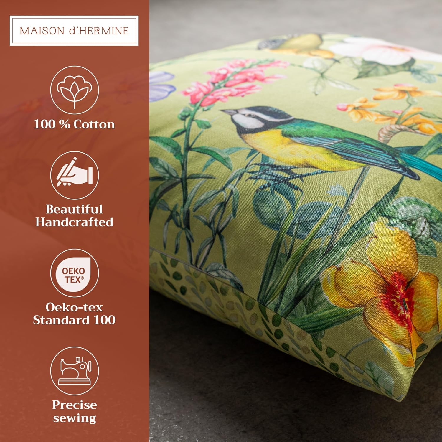 Maison d' Hermine Decorative Pillow Covers 20x20 Inch Square 100% Cotton Throw Pillow Covers with Zipper - Chair, Couches, Sofas, Bedroom, Home, Gifts for Mothers Day (Hesperides - Oiseaux)