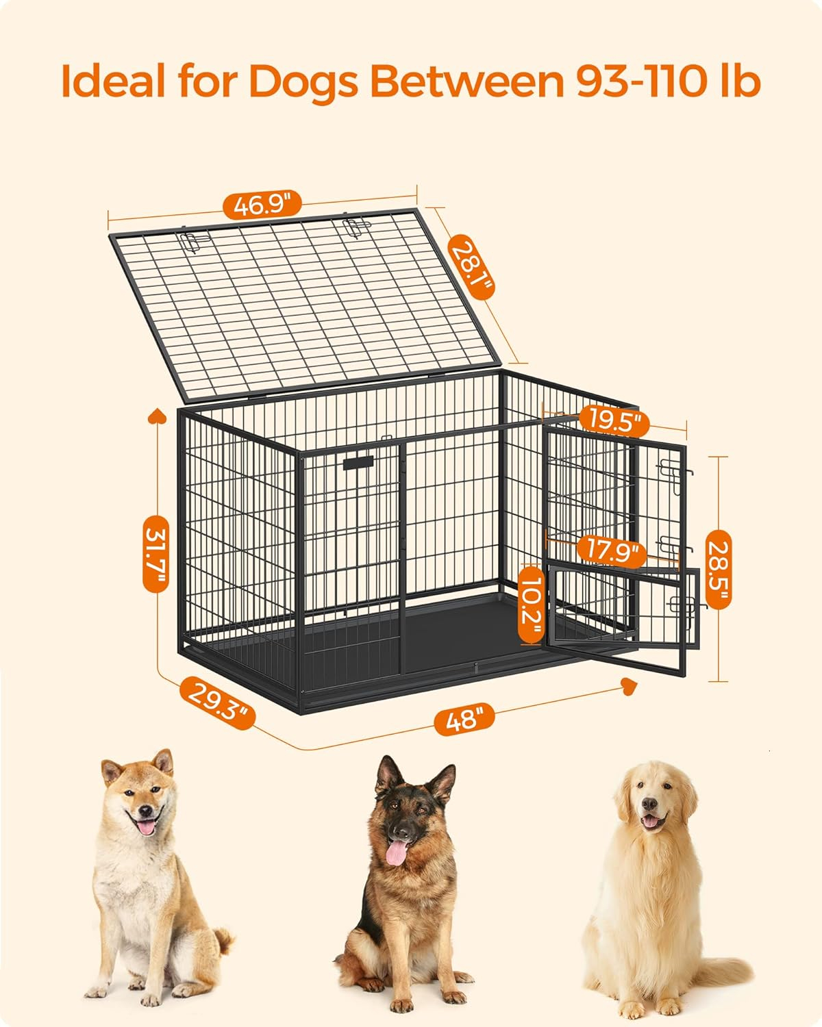 Extra Large Black Heavy-Duty Metal Dog Crate with Removable Tray