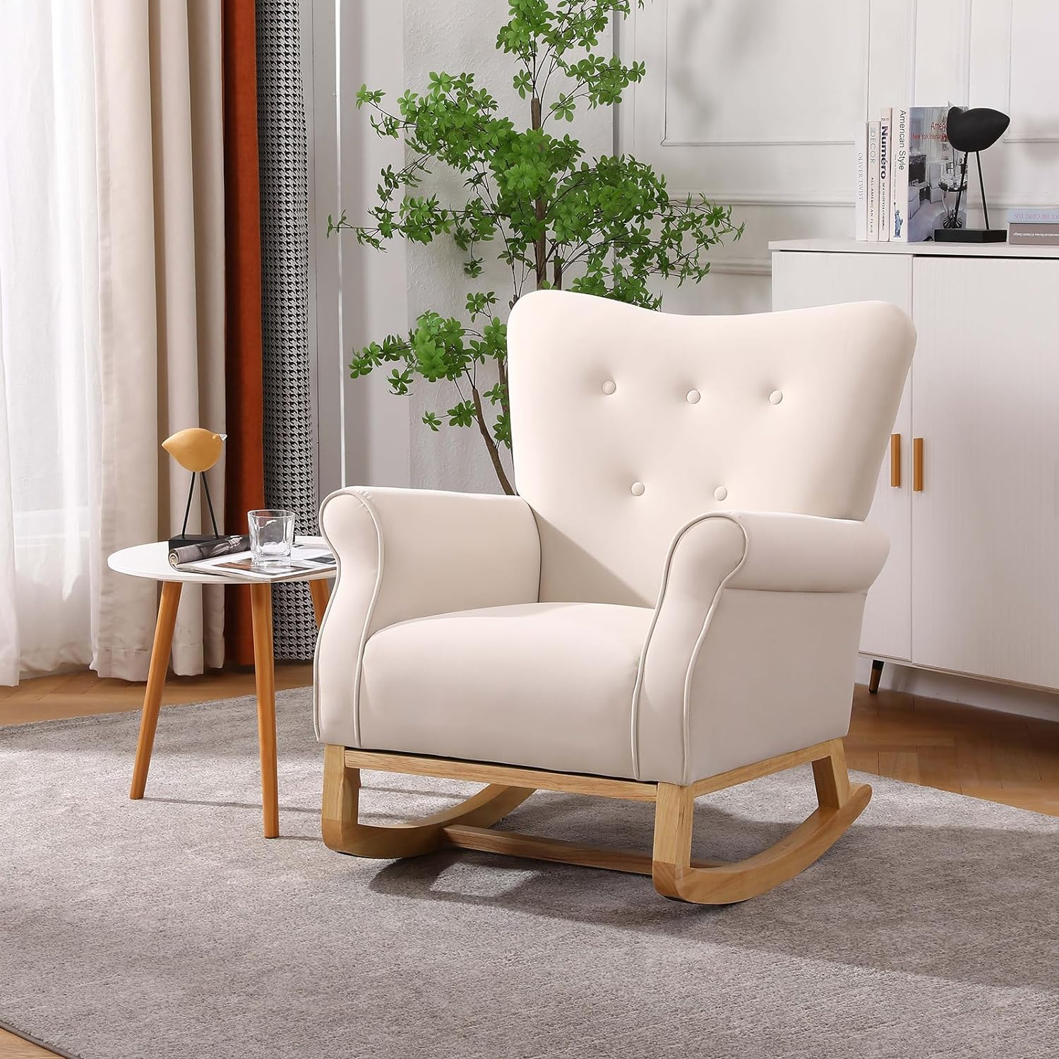 Velvet Nursery Glider Rocker with Comfy Armrest, Accent Rocking Chair with Solid Wood Legs for Baby (Beige)