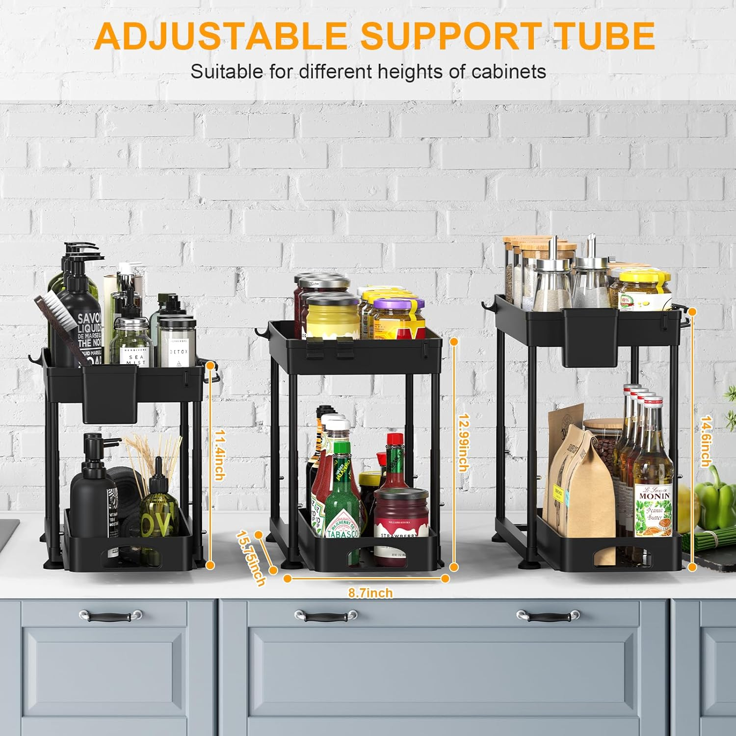 Rebrilliant Under Sink Organizers And Storage, 2 Pack Height Adjustable Bathroom Cabinet Organizer, 2 Tier Sliding Under Sink Organizer, Sturdy Pull Out Bathroom Storage, With 12 Hooks & Hanging Cups, Black