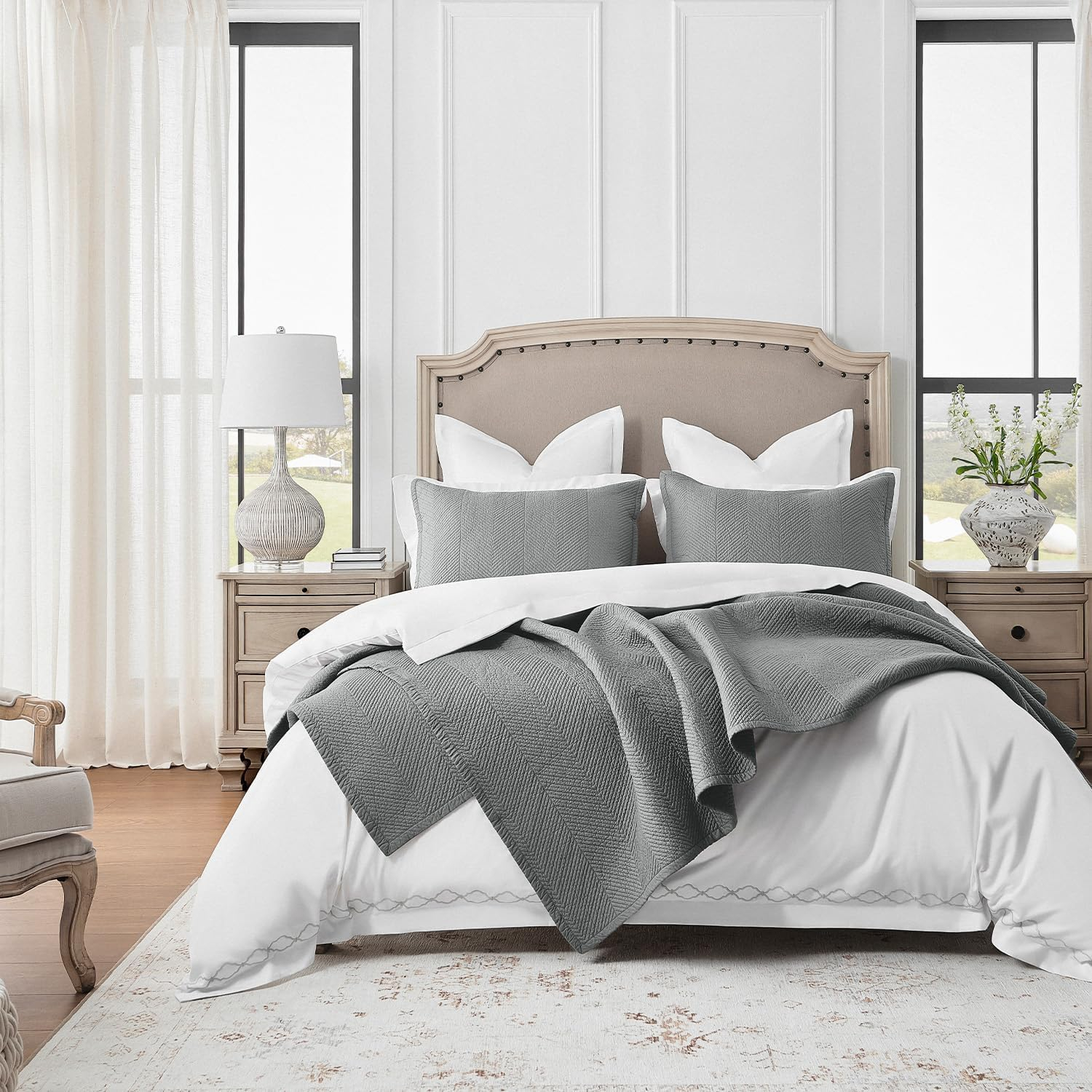 Calla Angel Evelyn Stitch Chevron Luxury Pure Cotton Quilt, Gray, Chevron, 3 Pieces Queen Quilt Set