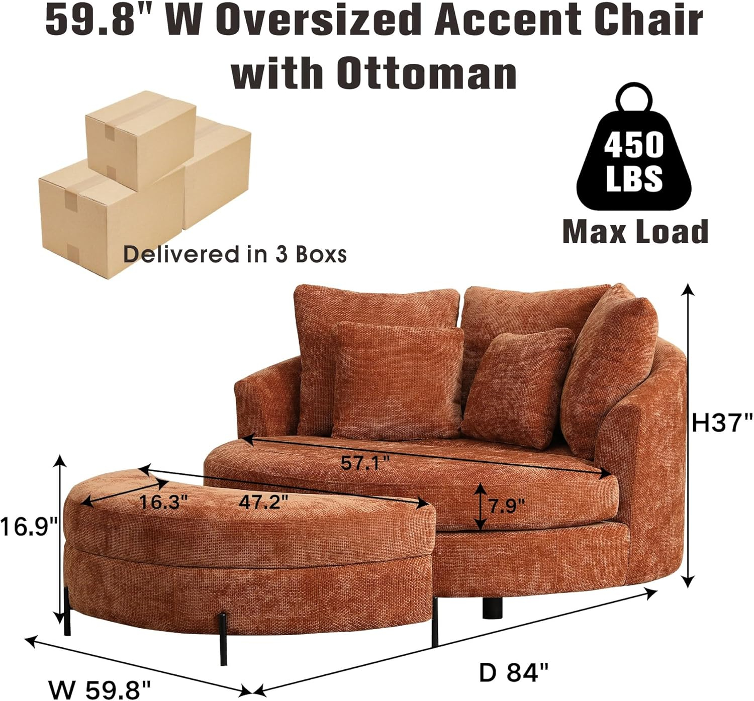 Sinzho & Wiyfun 59.8" W Upholstered Oversized Round Barrel Chair Extra Large Accent Chair with Half Moon Storage Ottoman & Wheels & 5 Pillows for Living Room, Knitted Chenille Fabric, Burnt Orange