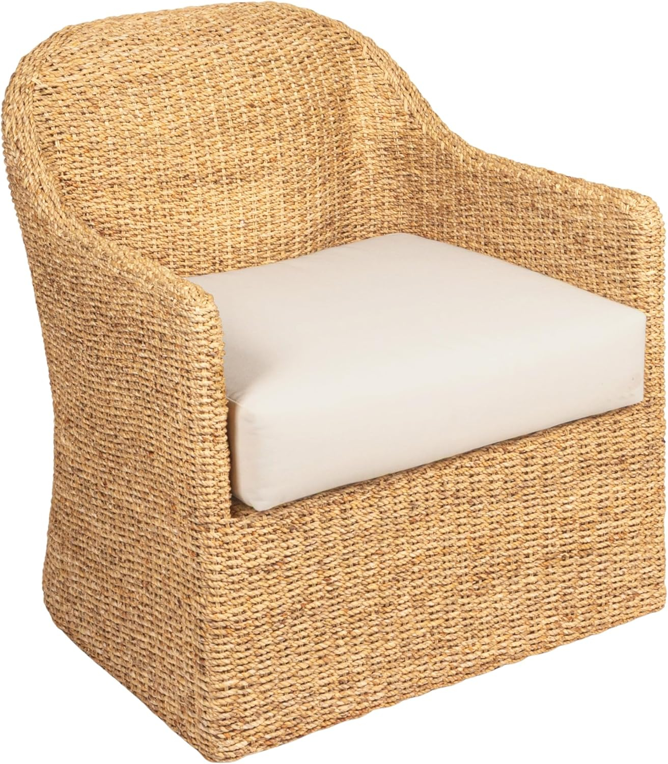 Natural and Cream Woven Water Hyacinth and Acacia Wood Outdoor Lounge Chair with White Cushion