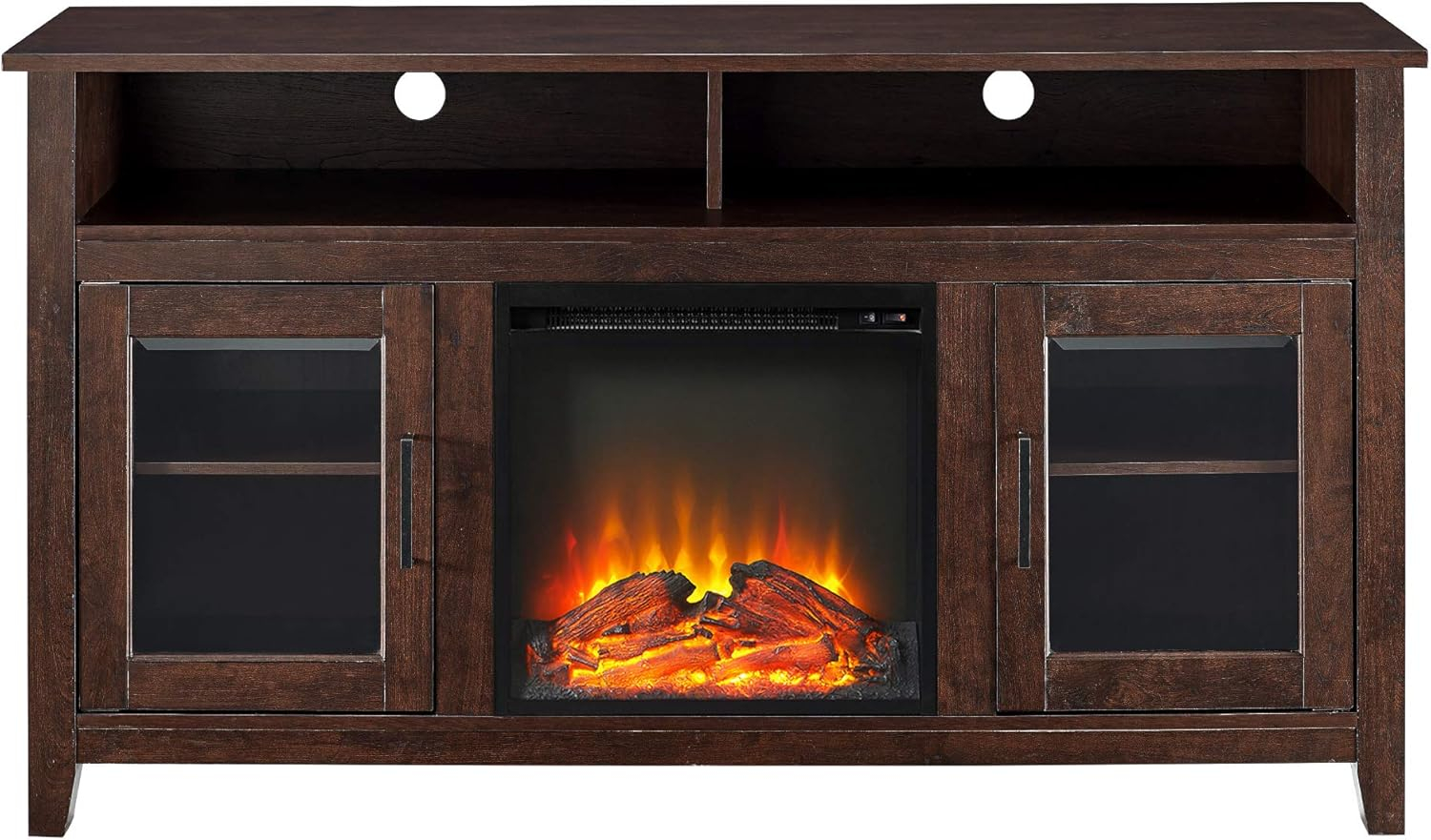 Walker Edison Glenwood Rustic Farmhouse Glass Door Highboy Fireplace TV Stand for TVs up to 65 Inches, 58 Inch, Brown
