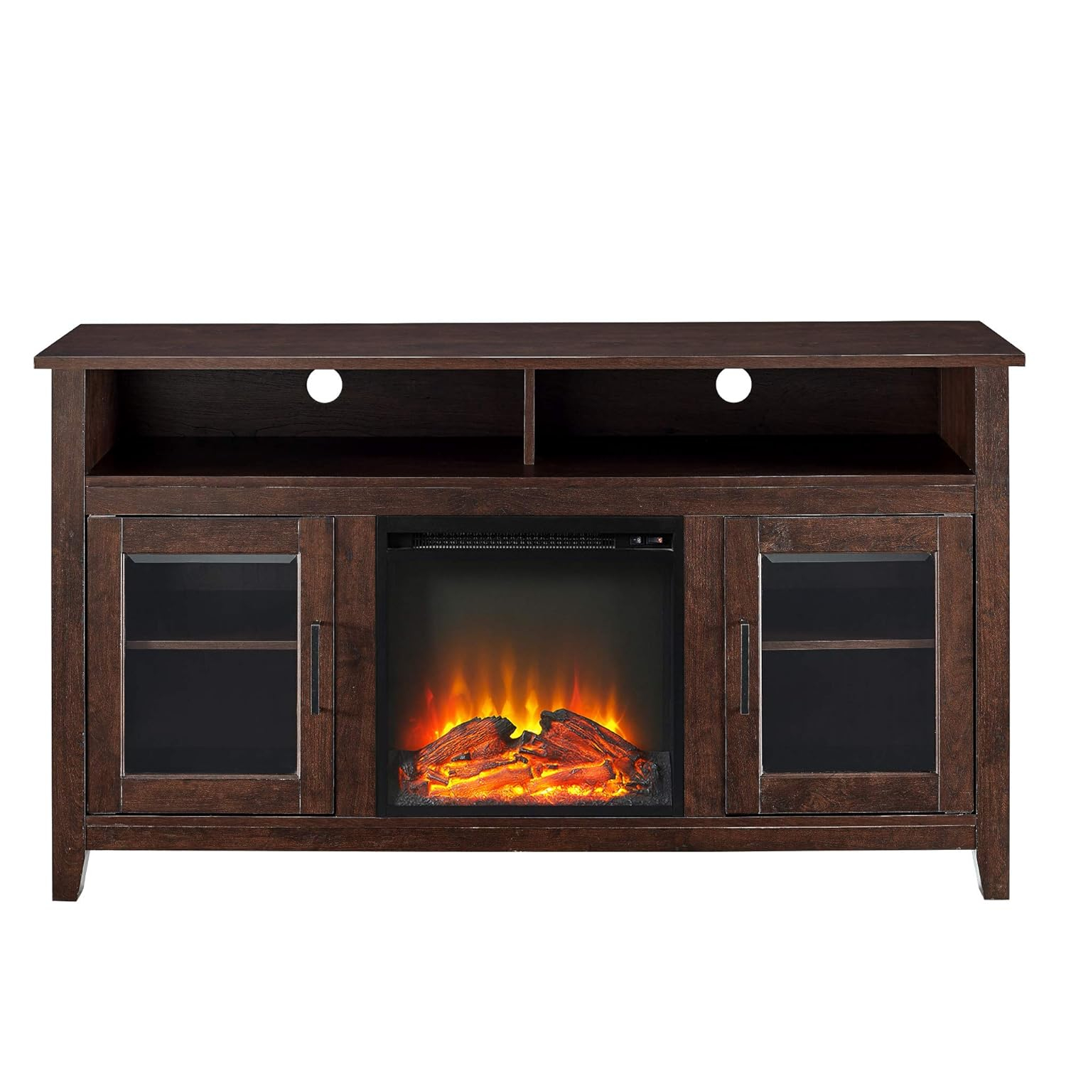 Walker Edison Glenwood Rustic Farmhouse Glass Door Highboy Fireplace TV Stand for TVs up to 65 Inches, 58 Inch, Brown