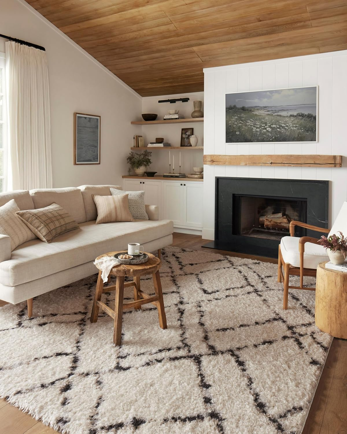 Ivory and Bark Geometric High Pile Synthetic Rug Sample