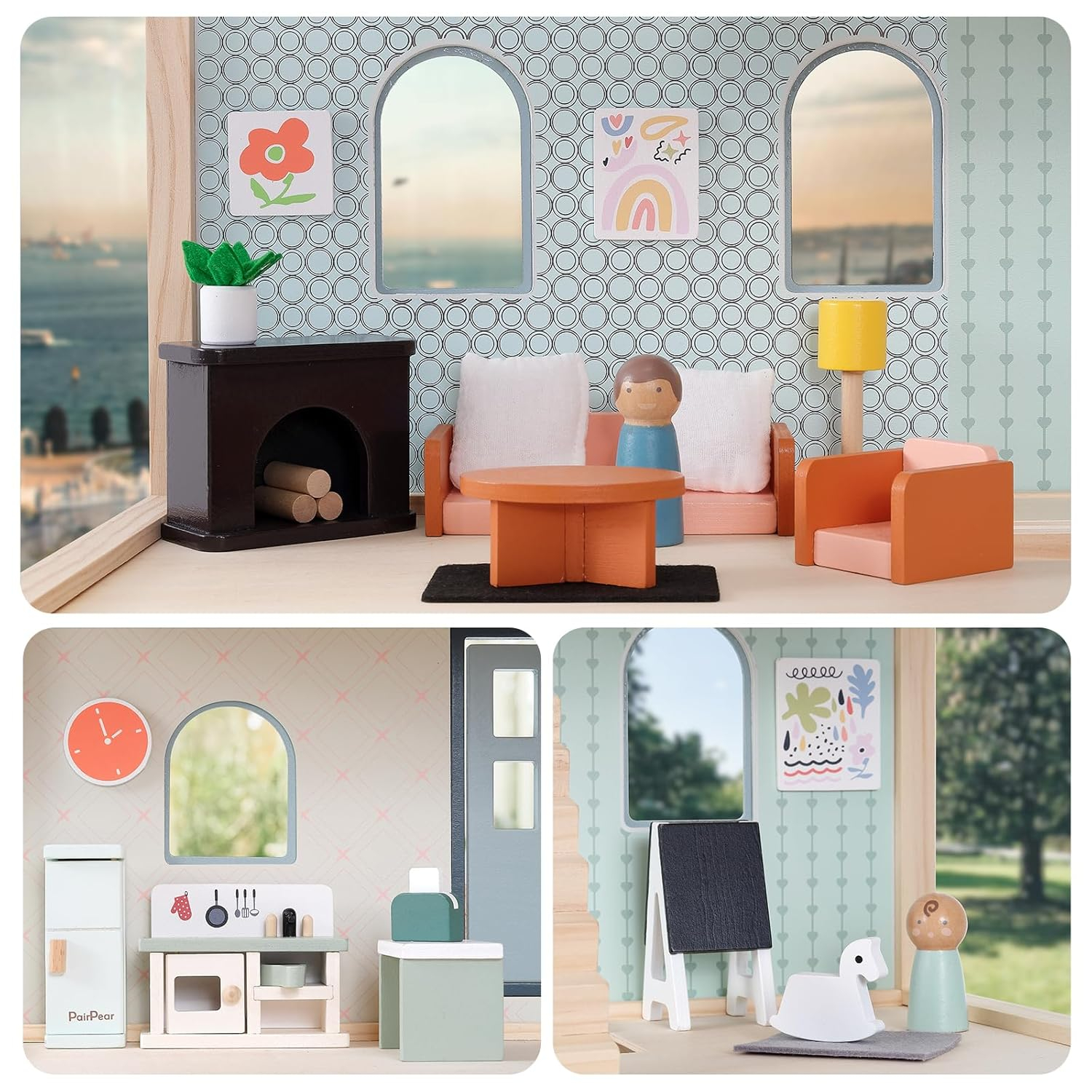 PairPear Wooden Dollhouse Furniture Set,56 Pieces Doll Furnitures with 5 Room Kits Play Fingers,Doll House Miniature Furniture Pretend Play Toys Gift for Toddler Boys and Girls 3Y+