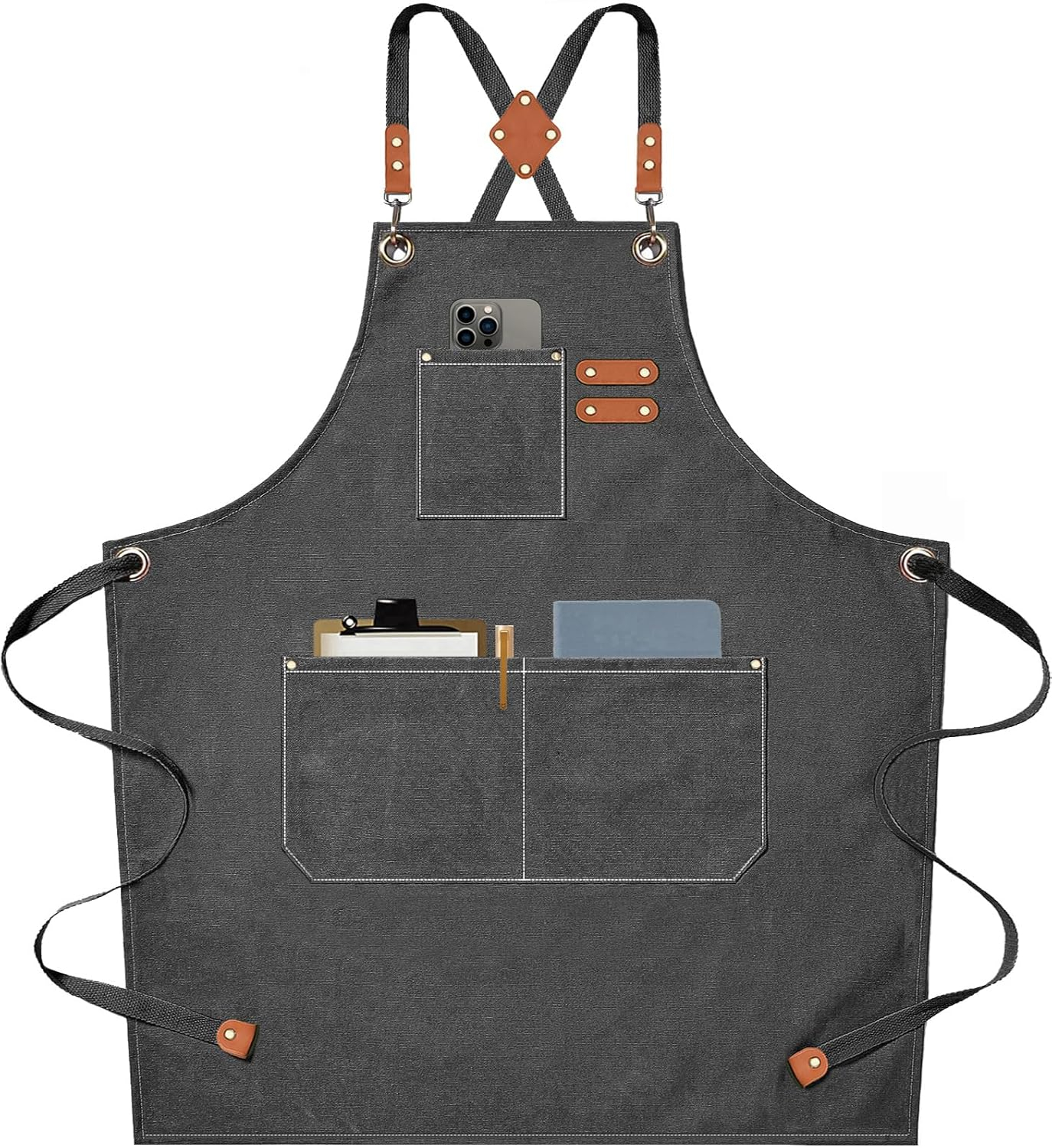 AFUN Chef Aprons for Men Women with Large Pockets, Cotton Canvas Cross Back Heavy Duty Adjustable Work Apron, Size M to XXL(Grey)