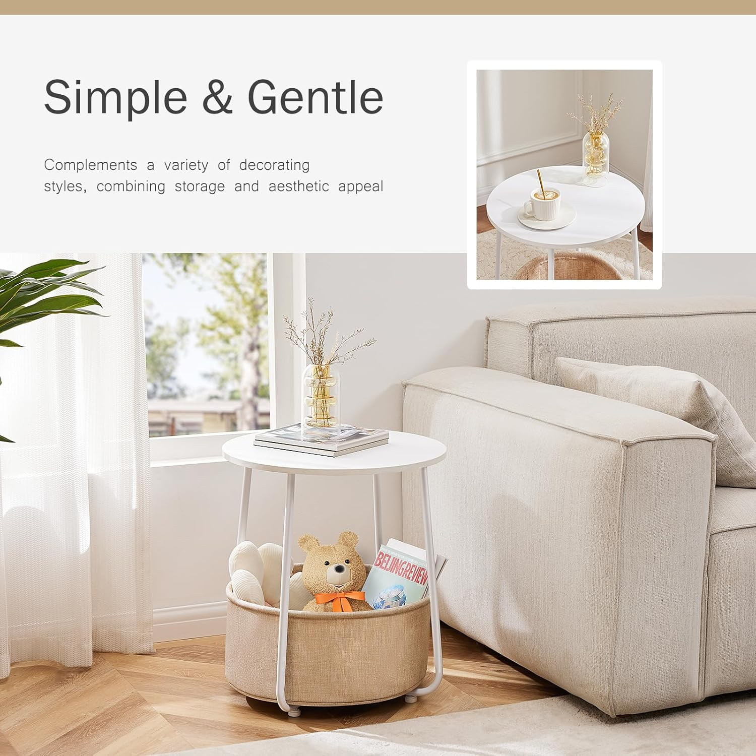 Lorelia Small Round Side End Table Living Room Nightstand Bedside Fabric Baske Table