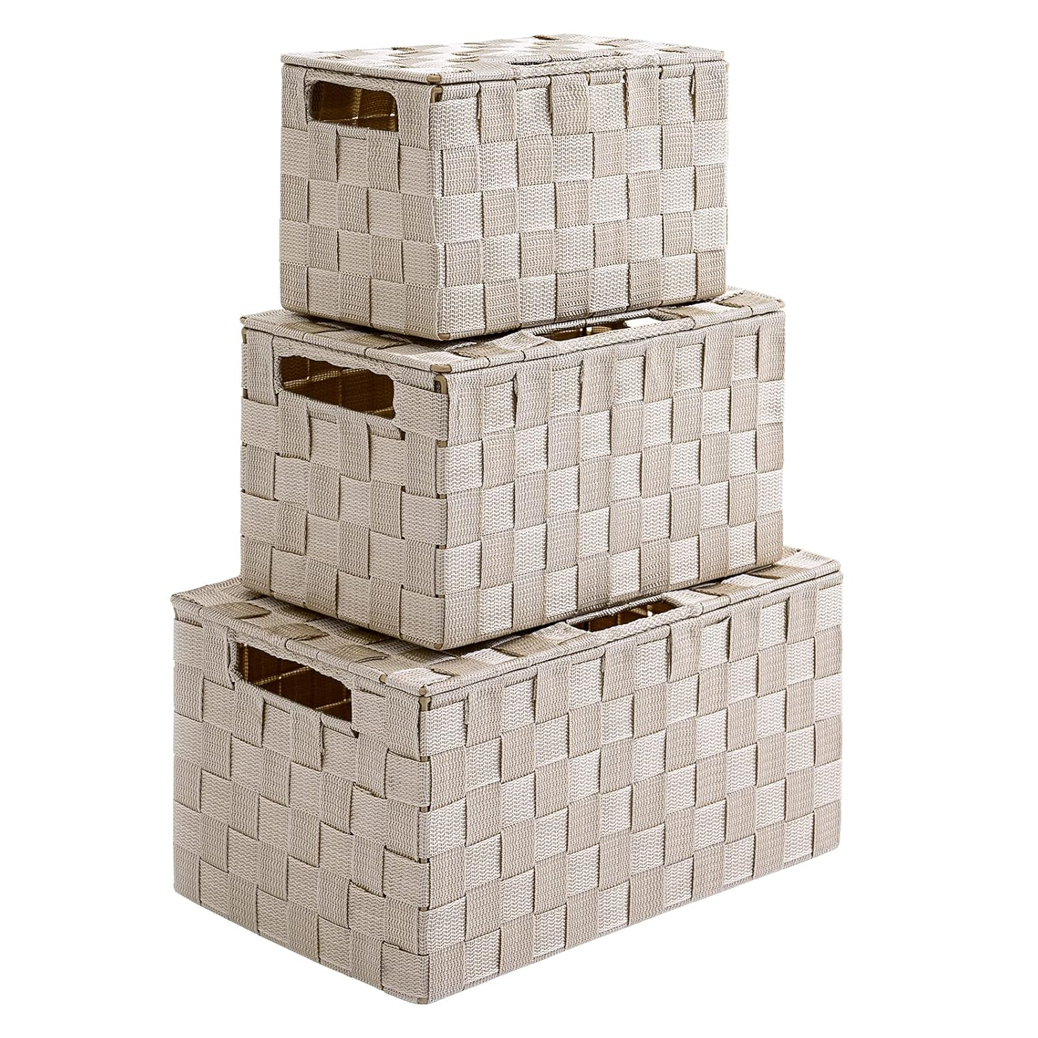 Beige Woven Square Storage Basket Set with Lids